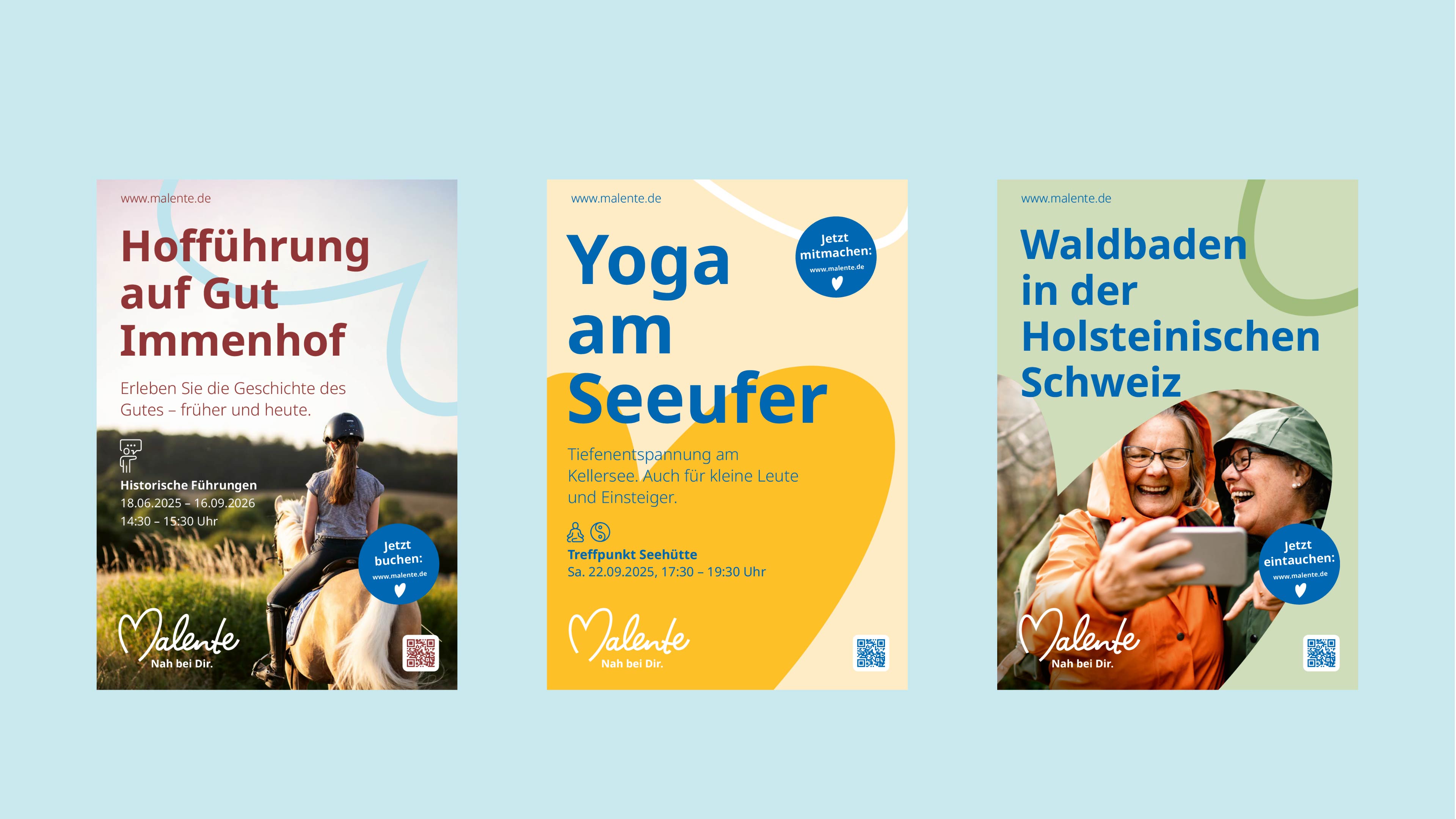 Drei Flyer von Aktivitäten in Malente Hofführung auf Gut Immenhof, Yoga am Seeufer, Waldbaden in der Holsteinischen Schweiz