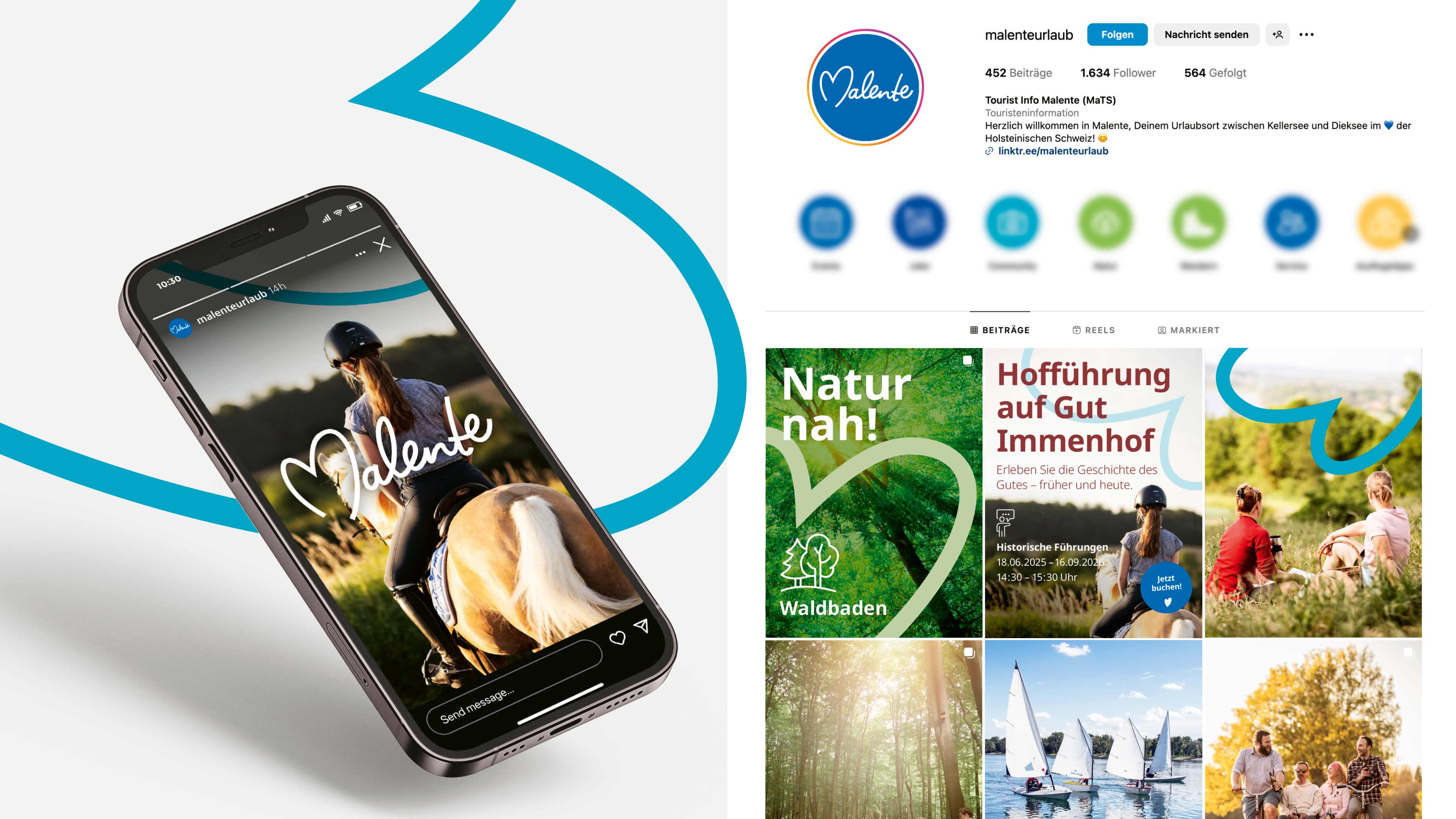Zweigeteilte Grafik: Ein Smartphone mit einem Foto einer Reiterin auf einem hellbraunen Pferd und eine Ansicht der Instagram Seite von malenteurlaub mit dem Profilbild, dem Infokasten und mehreren Posts.