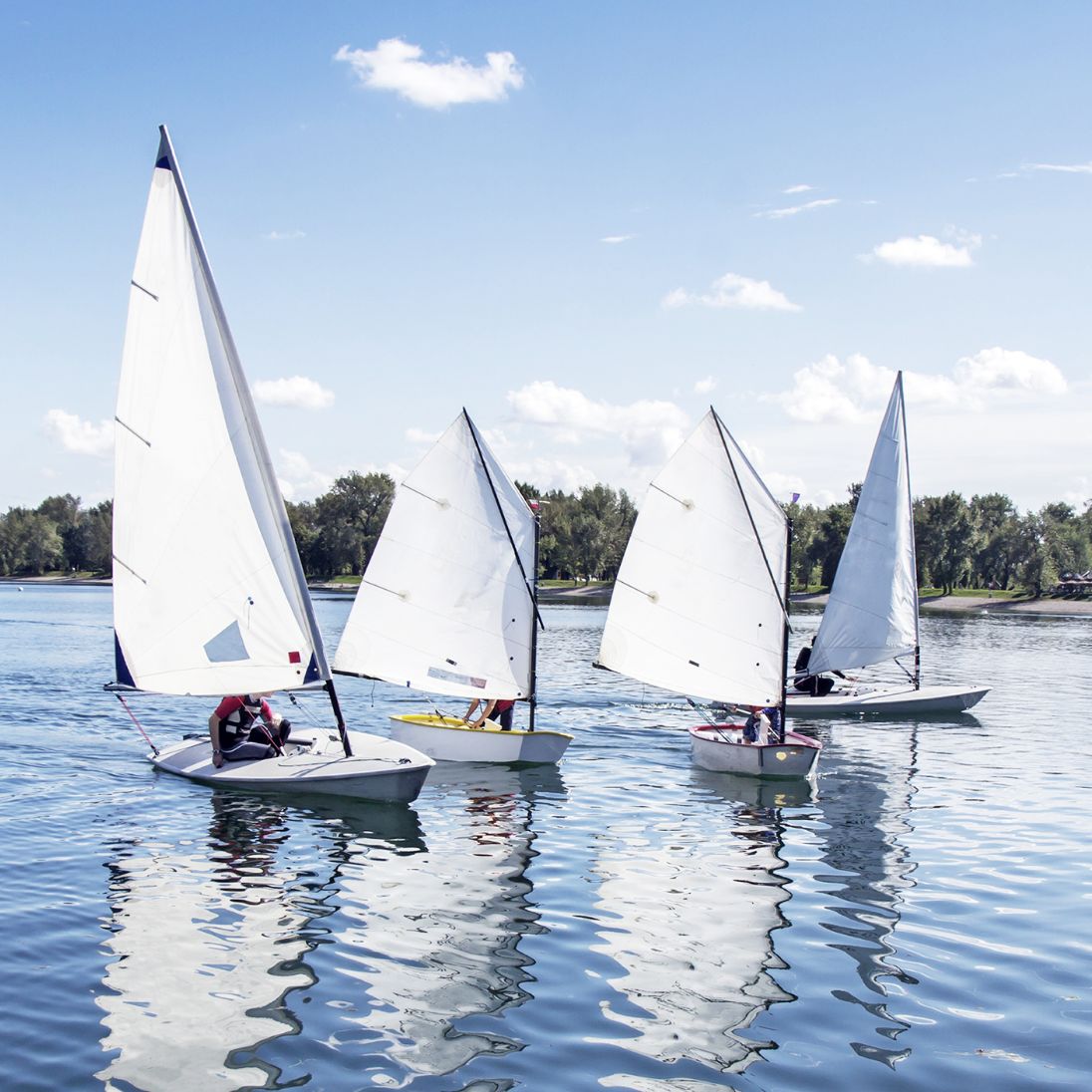 Vier Segelboote auf dem Wasser bei blauem Himmel
