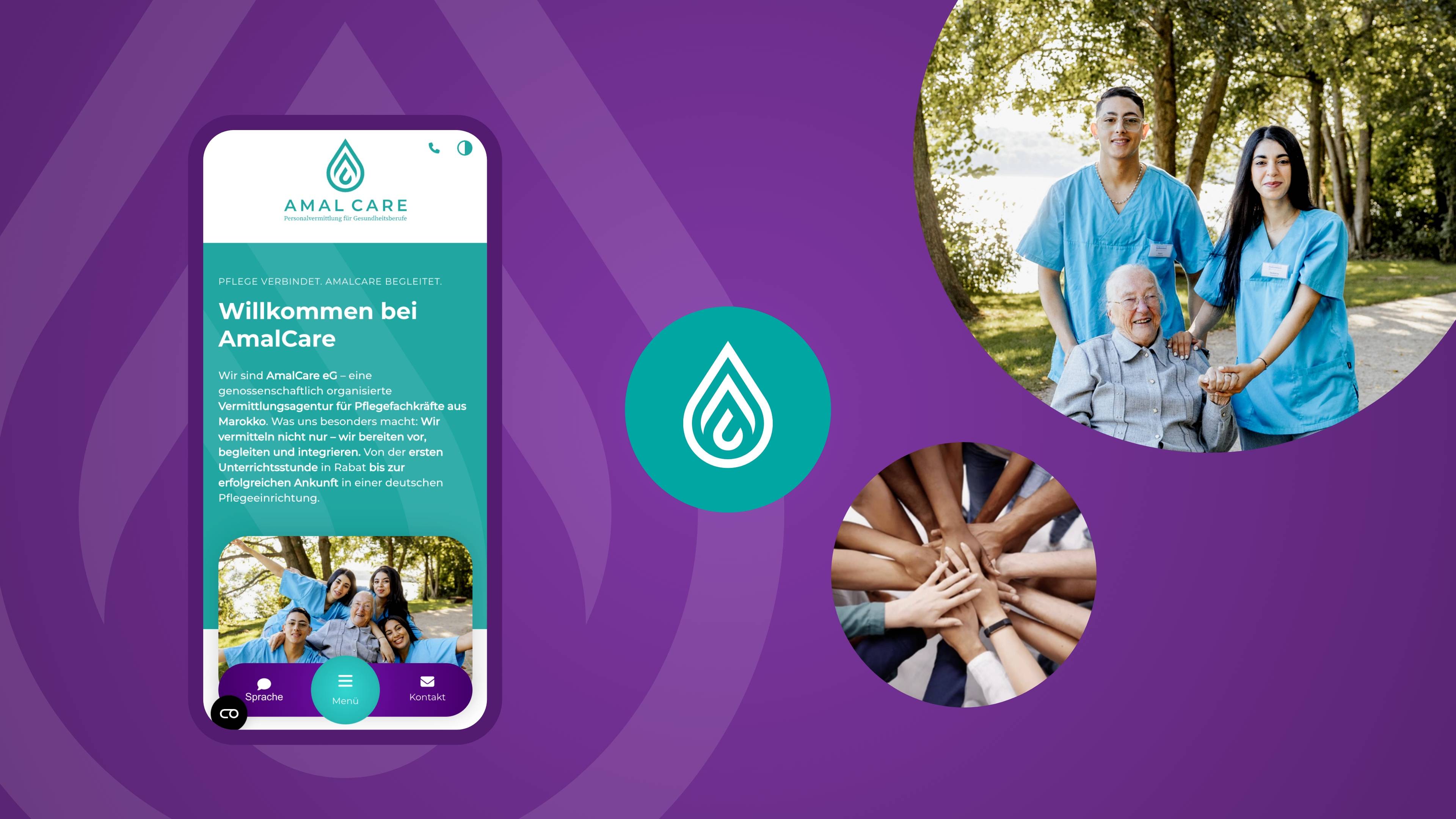 Dunkellila Grafik mit vier Elementen, einem Smartphone mit der Webseite, dem Logo, einem Foto vieler Hände übereinander und einem Foto mit zwei Angestellten und einer Patientin