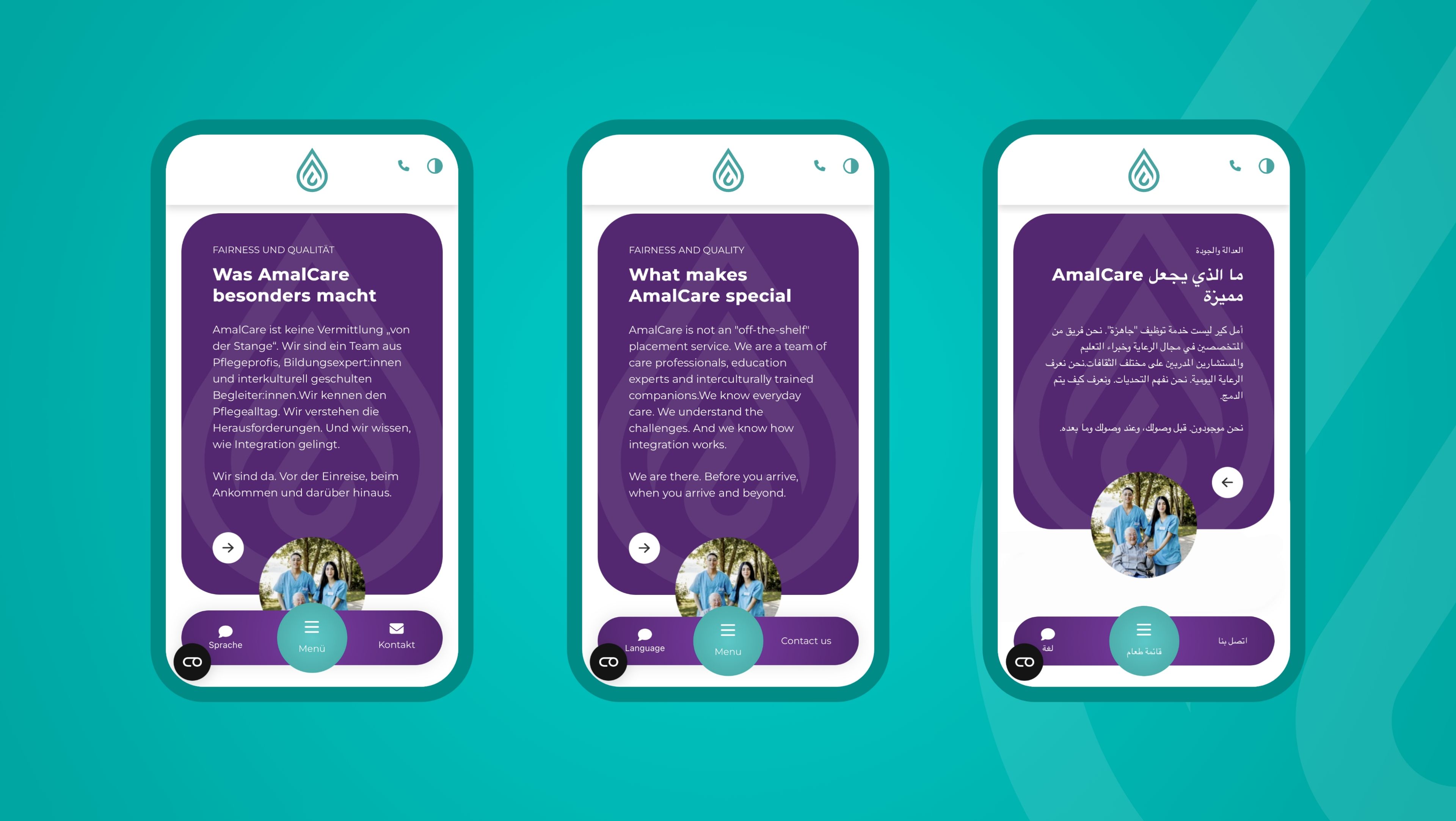Drei verschiedene Ansichten der Webseite auf Smartphones