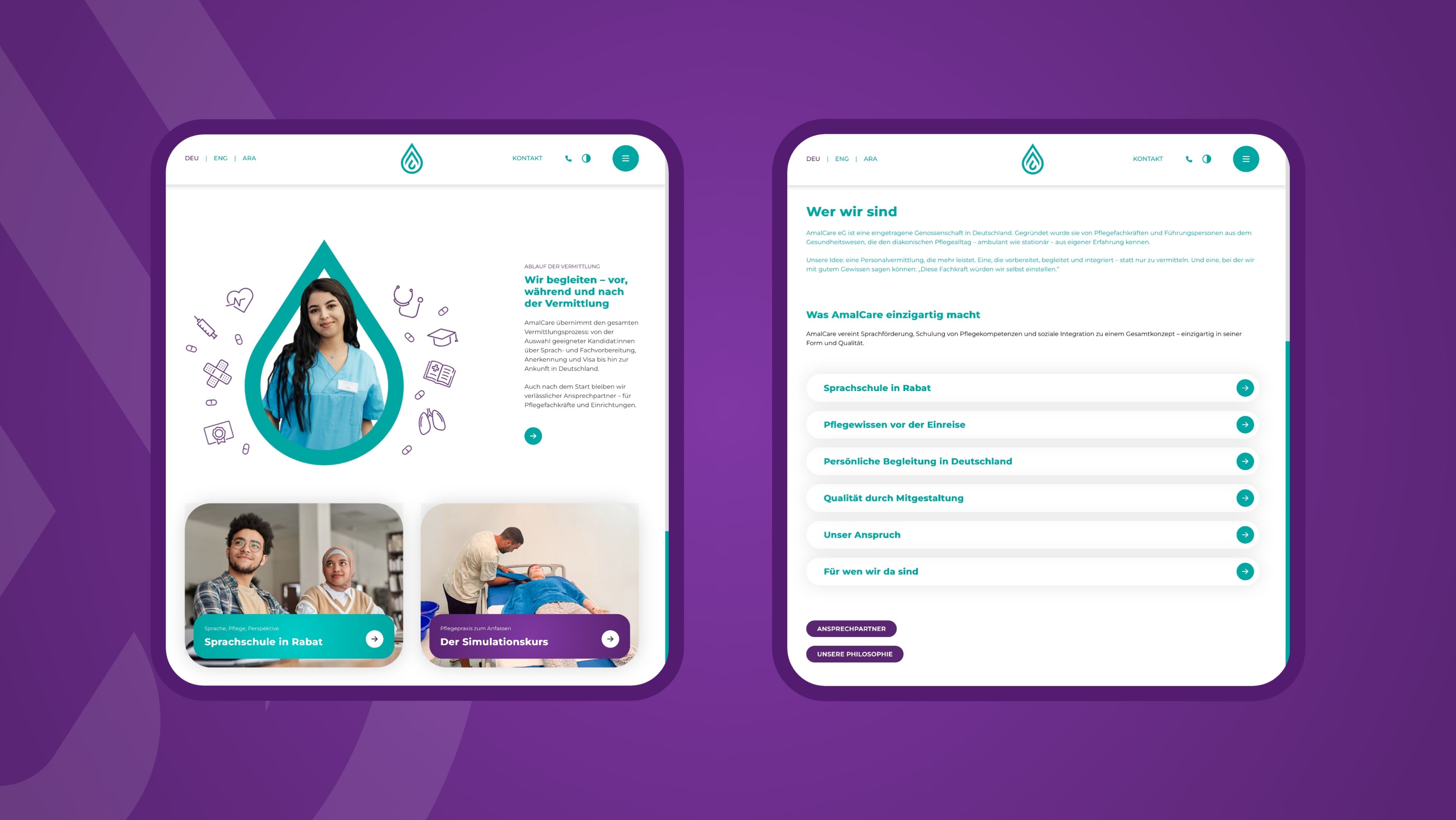 Zwei Ansichten der Webseite auf Tabletgröße