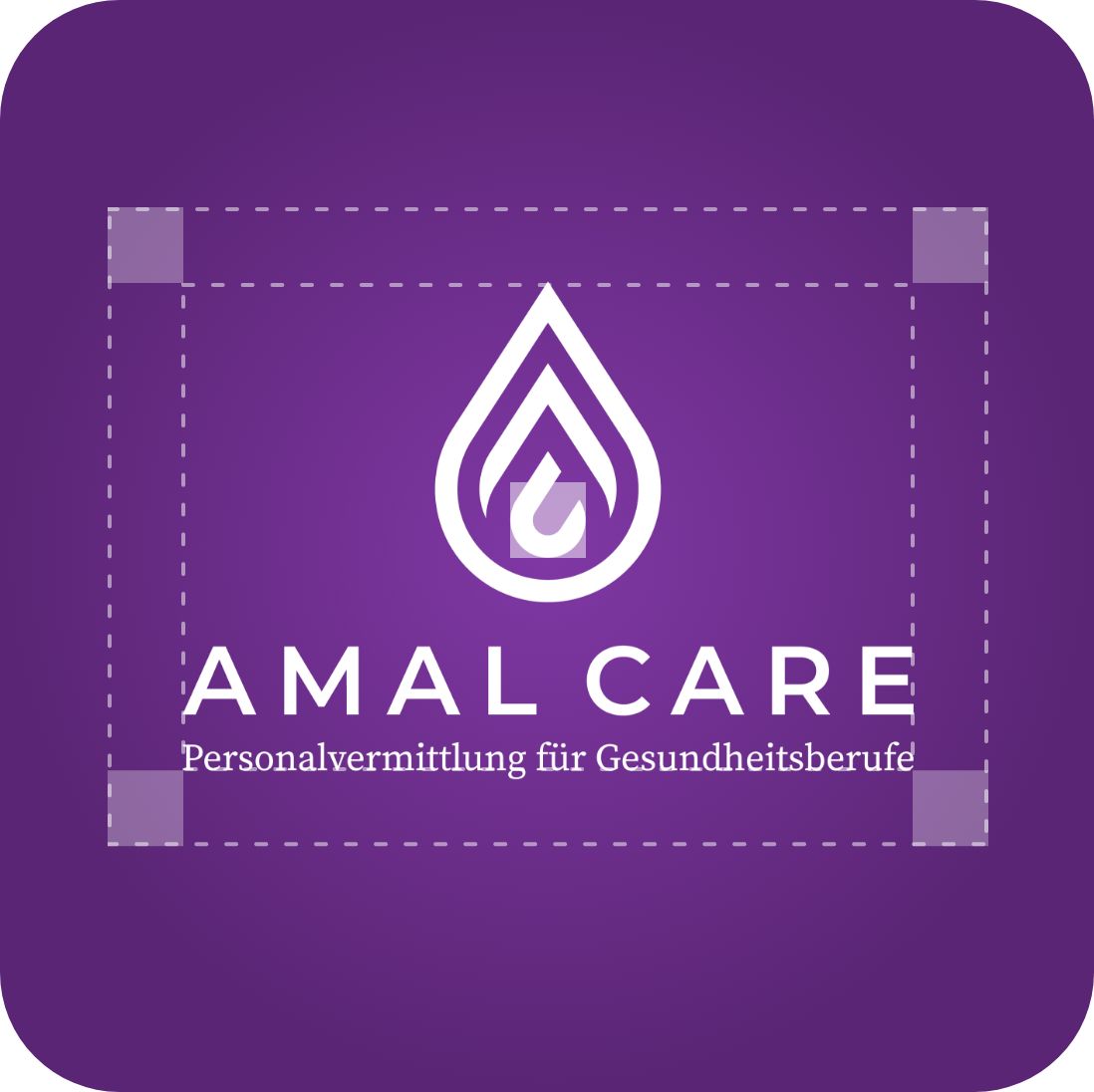 Das Amal Care Logo in Tropfenform in weiß auf dunkellila Hintergrund