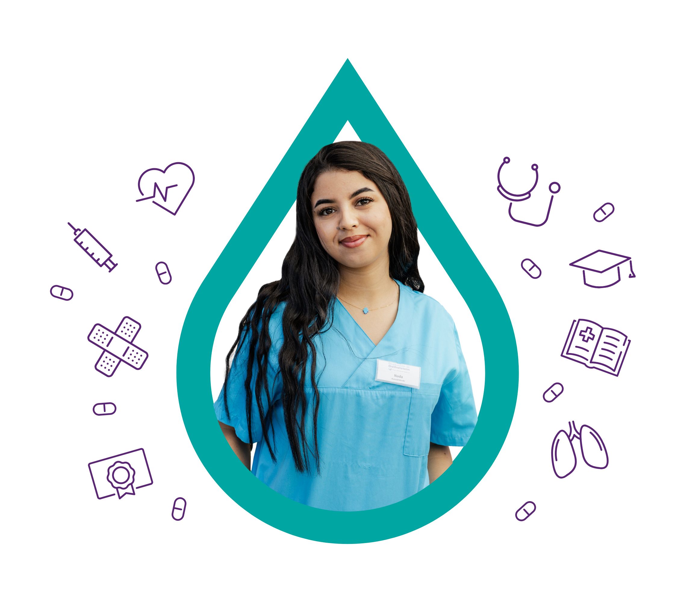 Foto einer Mitarbeiterin von Amal Care in der Tropfenform des Logos. Drum herum sind kleine medizinisch thematisierte Icons. Wie Pflaster, Tabletten und Spritzen.
