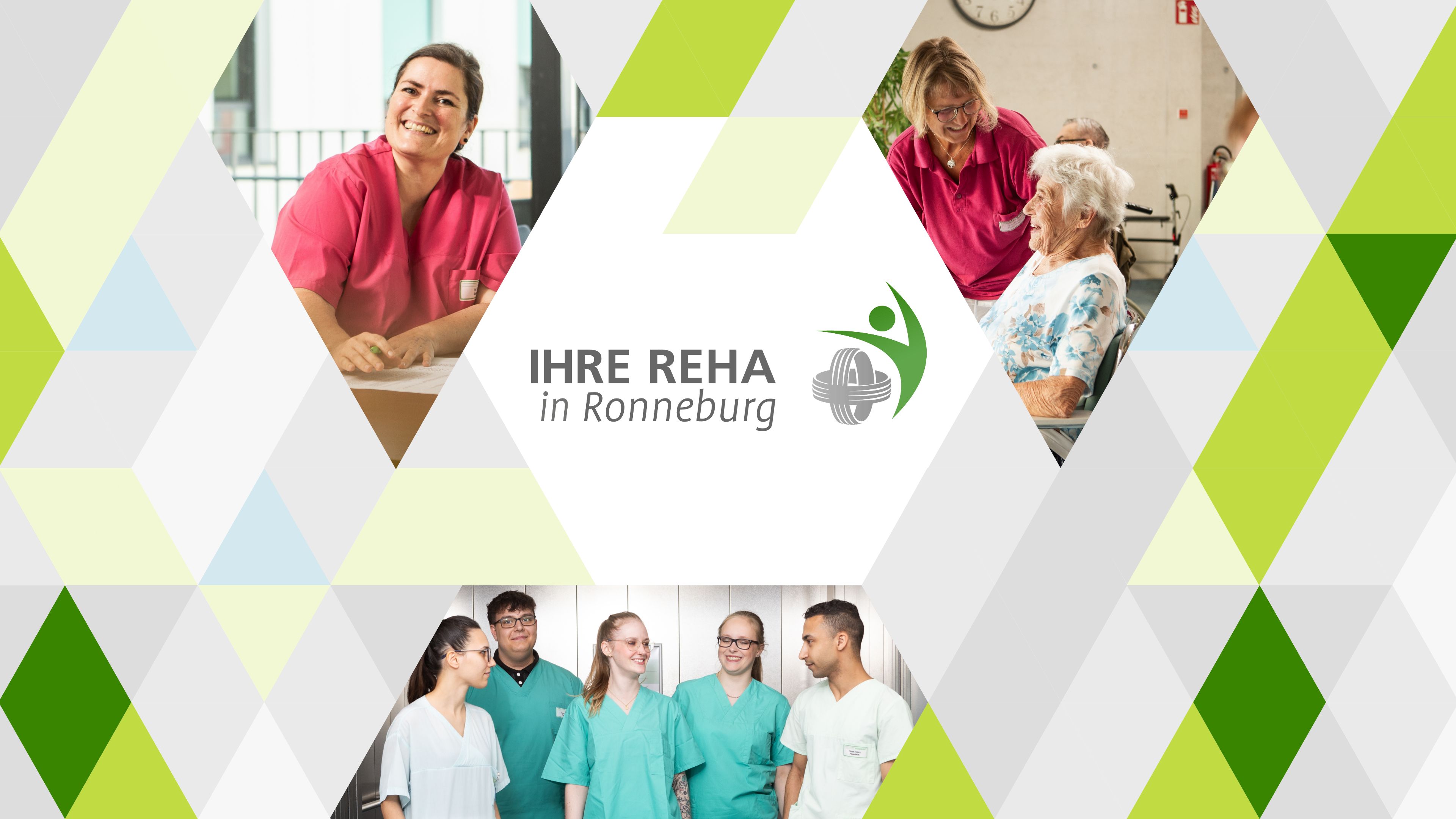 Grafik mit drei Fotos des Pflegeteams. In der Mitte Das Logo und der Schriftzug Ihre Reha in Ronneburg.