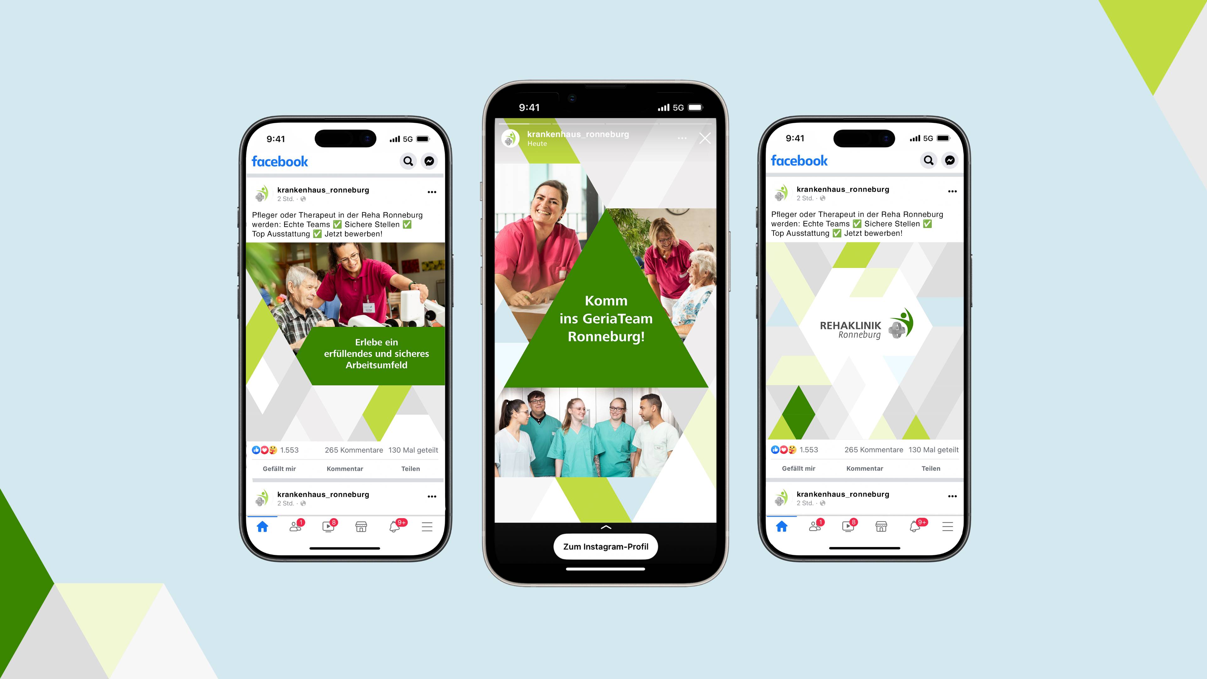 Drei Smartphones mit verschiedenen Ansichten der Webseite.