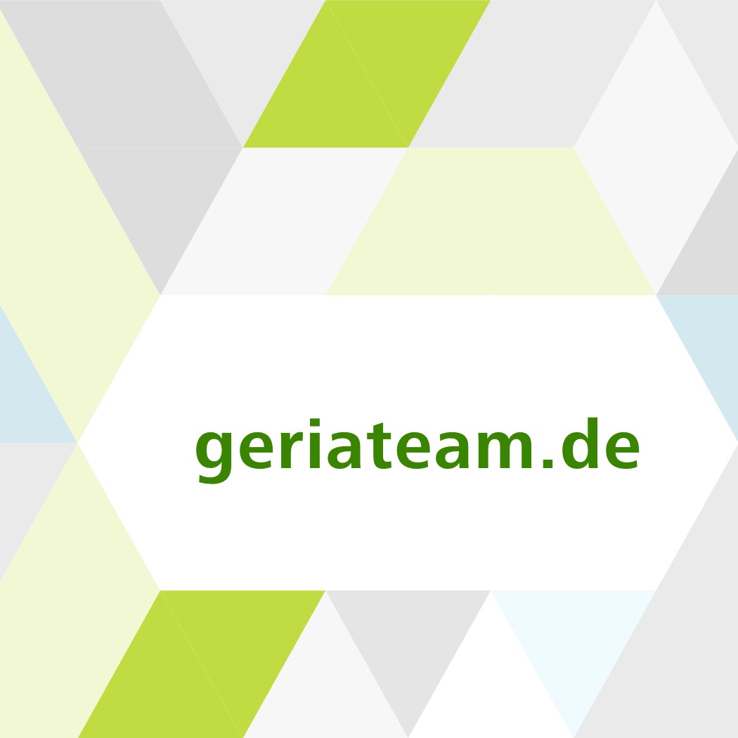 Linkgrafik mit Elementen in den Farben grau, hellgrau, grün, hellgrün und hellblau. geriateam.de