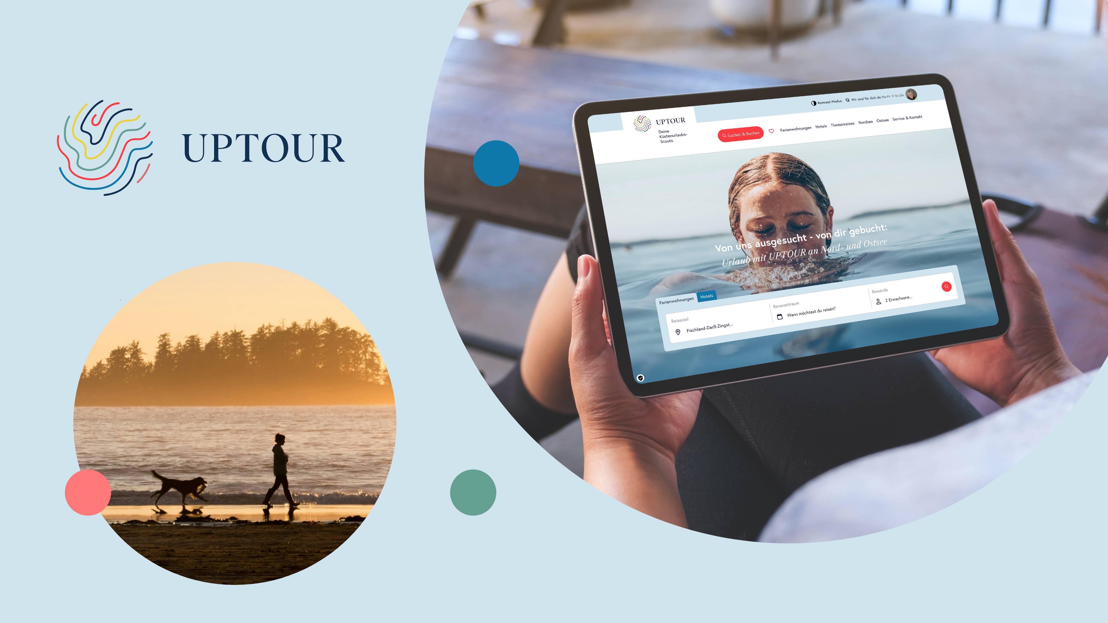 Grafik mit zwei Fotos. Das eine zeigt ein Tablet mit der Uptour Webseite, das andere zeigt eine Frau, die mit ihrem Hund in der Abenddämmerung am Strand spaziert. Daneben ist der Uptour Logo, dass an kleine Wellen erinnern soll. Jede Wellenlinie hat eine andere Farbe.