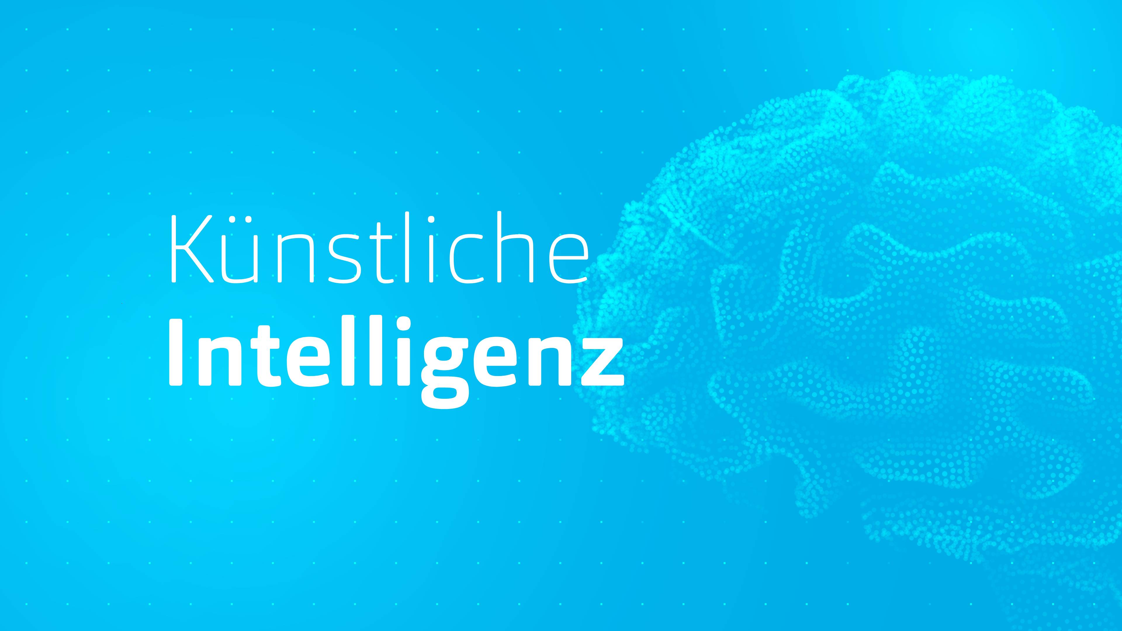 Blauer Hintergrund mit Gehirndarstellung und Schriftzug Künstliche Intelligenz