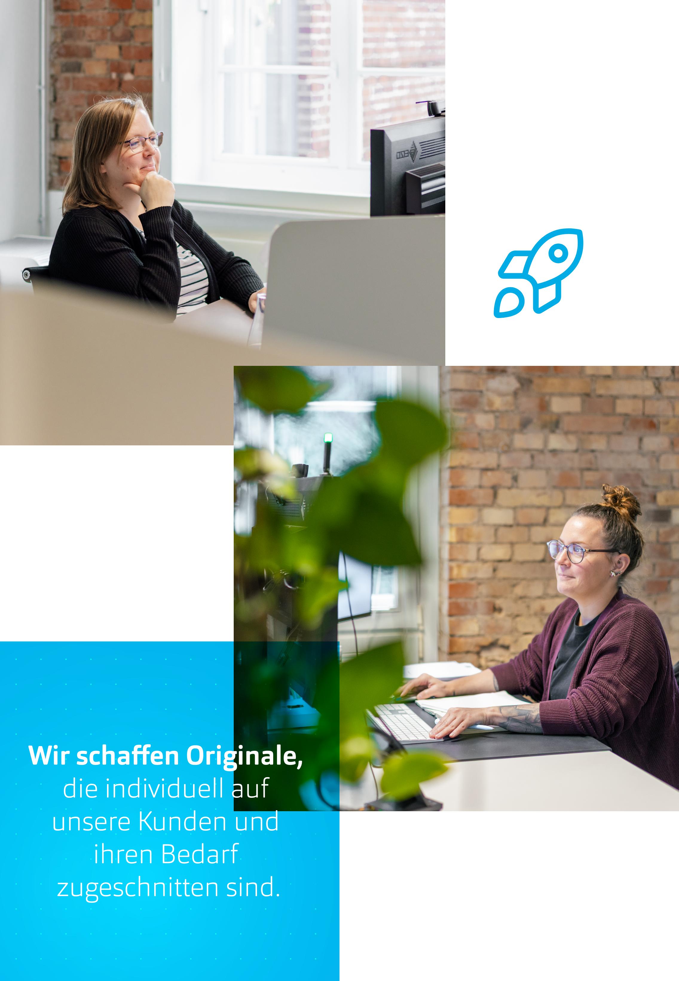 h2_einblicke_KI_teaser_02.jpg Collage: zwei HOCHZWEI-Mitarbeiterinnen an ihren PCs und Text Wir schaffen Originale, die individuell auf unsere Kunden und ihren Bedarf zugeschnitten sind