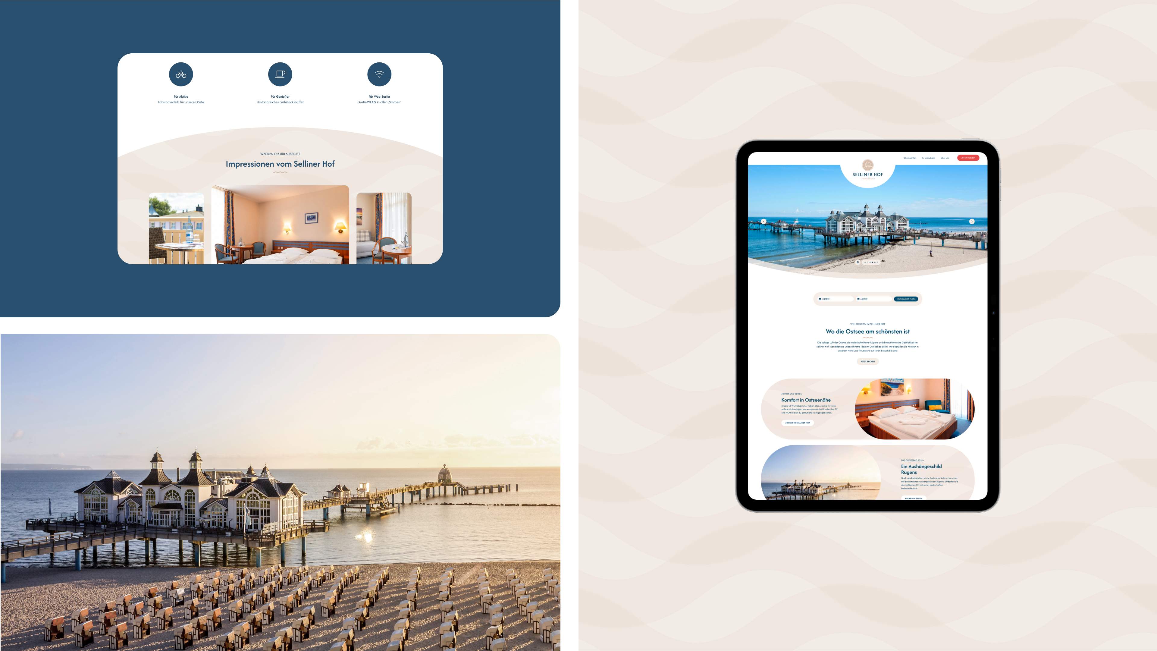 Dreigeteilte Grafik mit zwei Ansichten der Webseite in Tabletgröße und einem Foto der Selliner Seebrücke