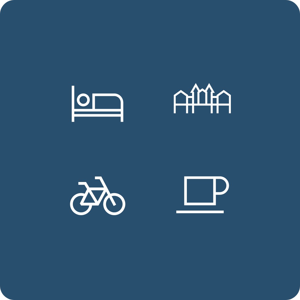 Vier Icons auf dunkelblauem Hintergrund. Ein Bett, die Selliner Seebrücke, ein Fahrrad und eine Kaffeetasse.
