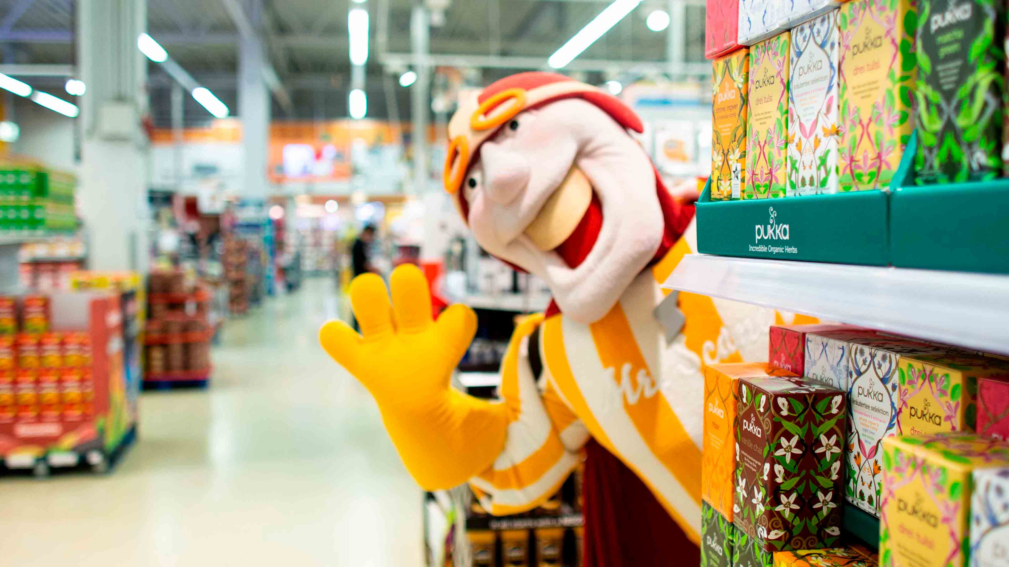 Mr Scandi winkt hinter einem Regal mit Tee hervor