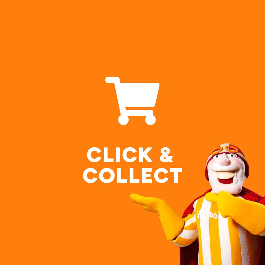 Orangene Kachel mit dem Schriftzug Click & Collect und einem Einkaufswagen Symbolbild daneben das Maskottchen Mr. Scandi