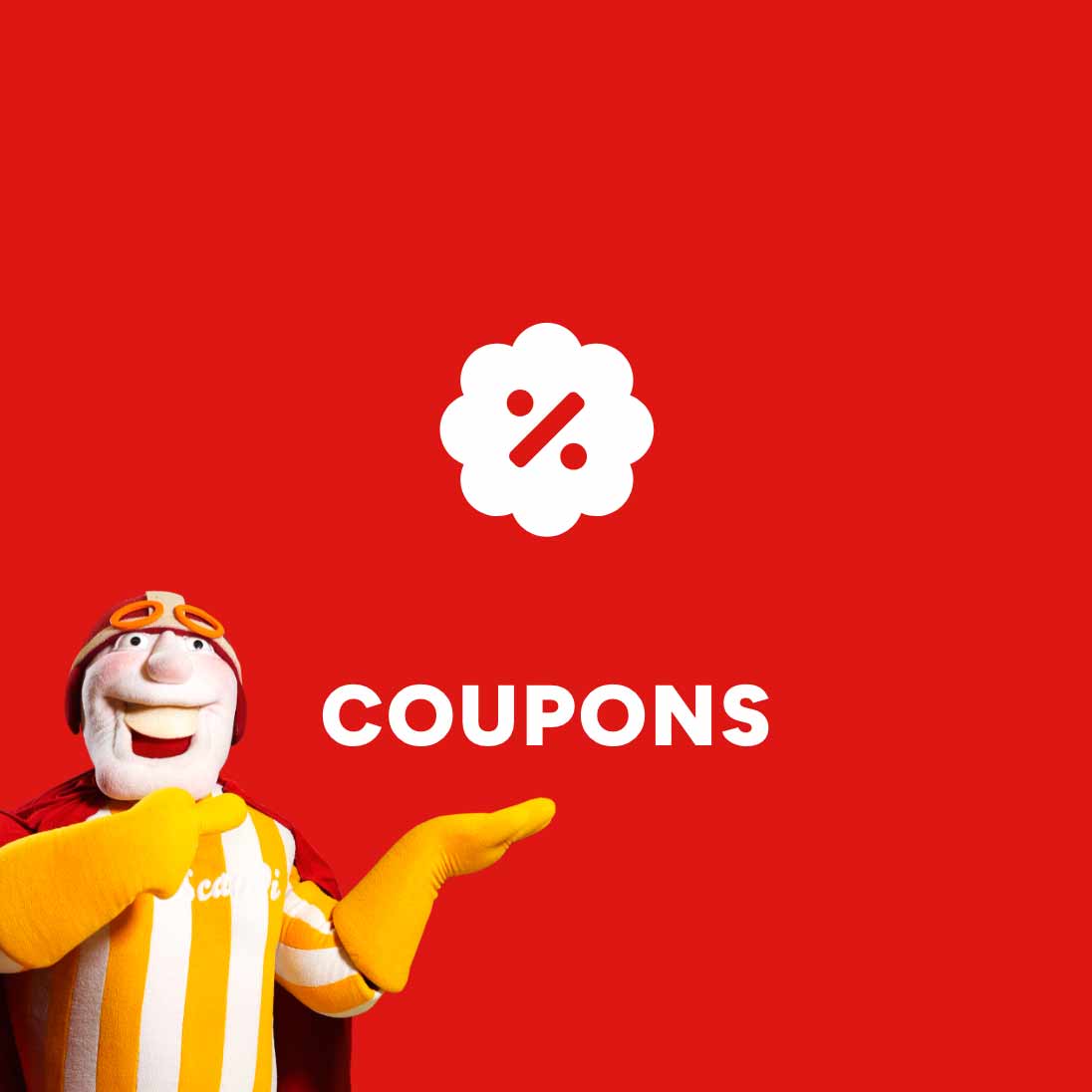 Rote Kachel mit dem Schriftzug Coupons und einem Coupon Symbolbild daneben das Maskottchen Mr. Scandi