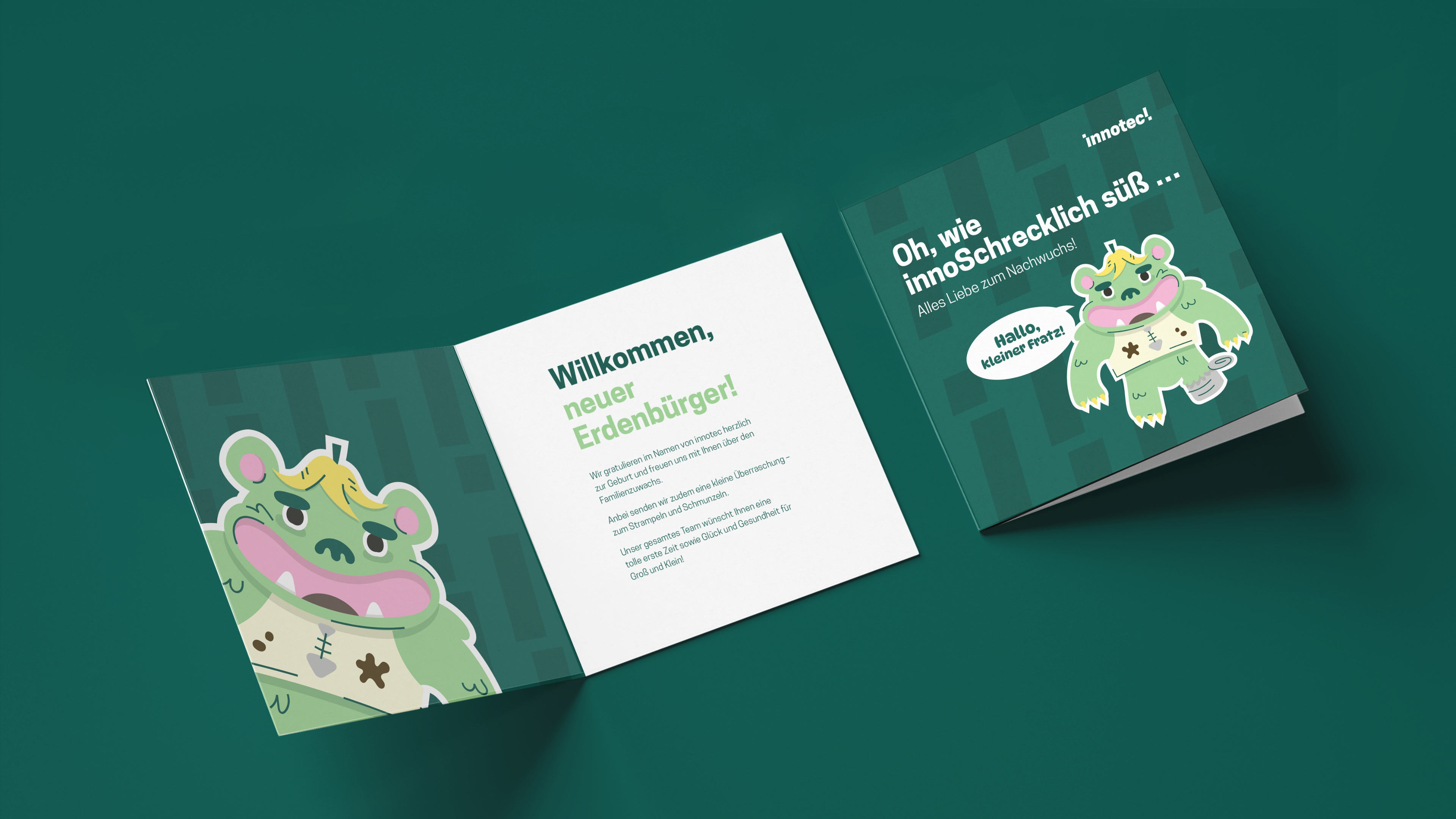 Glückwunschkarte mit innoschreck-Motiv und Text