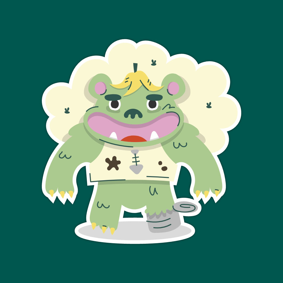 Grüner innoschreck - zotteliges Monster mit großem Mund und Bananenschale auf dem Kopf