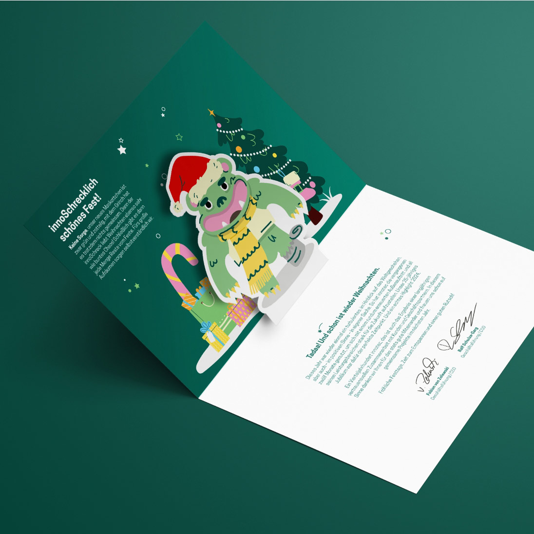 Aufklappbare Weihnachtskarte mit innoschreck-Motiv