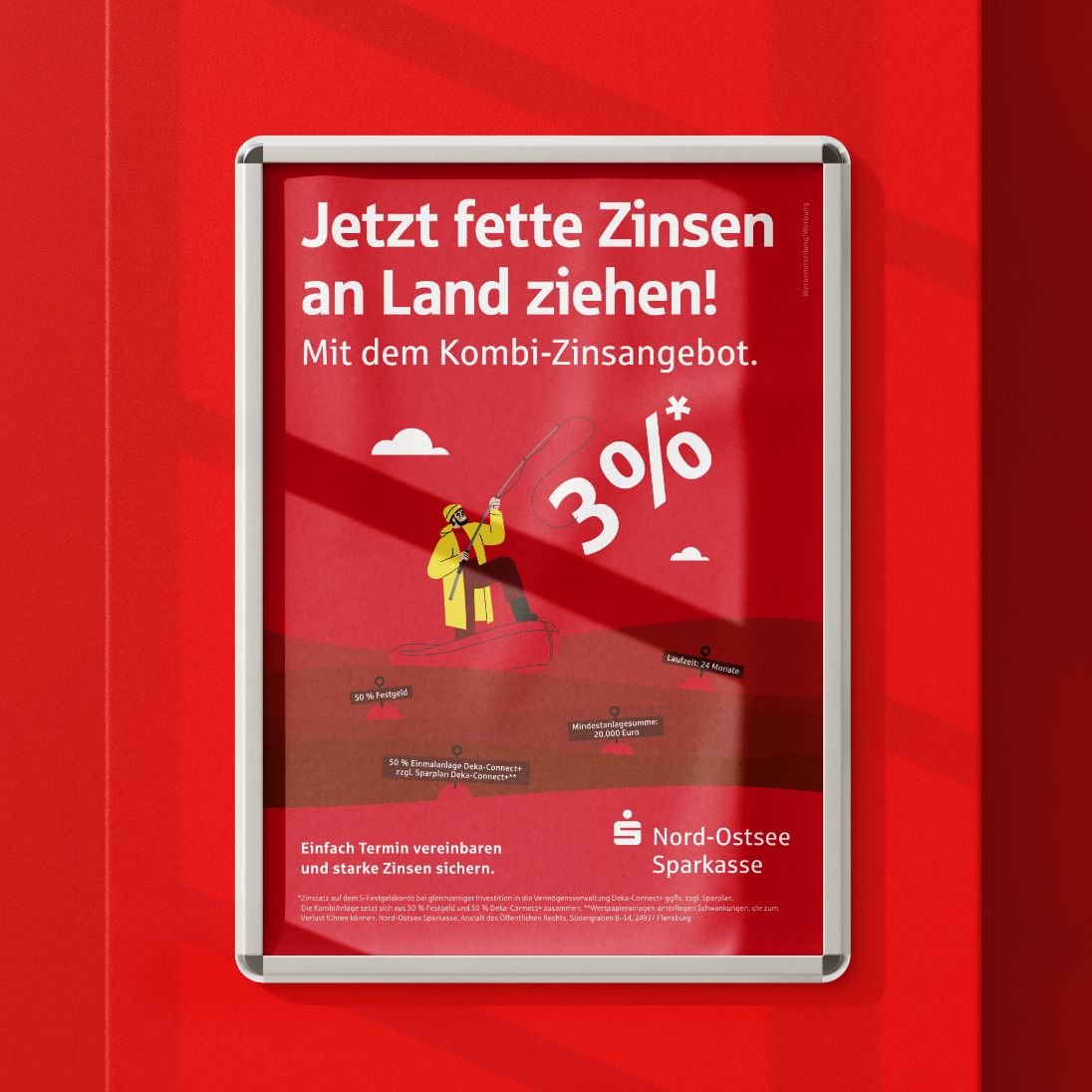 Gerahmtes Plakat mit dem Motiv des nospa-Zinsankers und Text Jetzt fett Zinsen an Land ziehen!