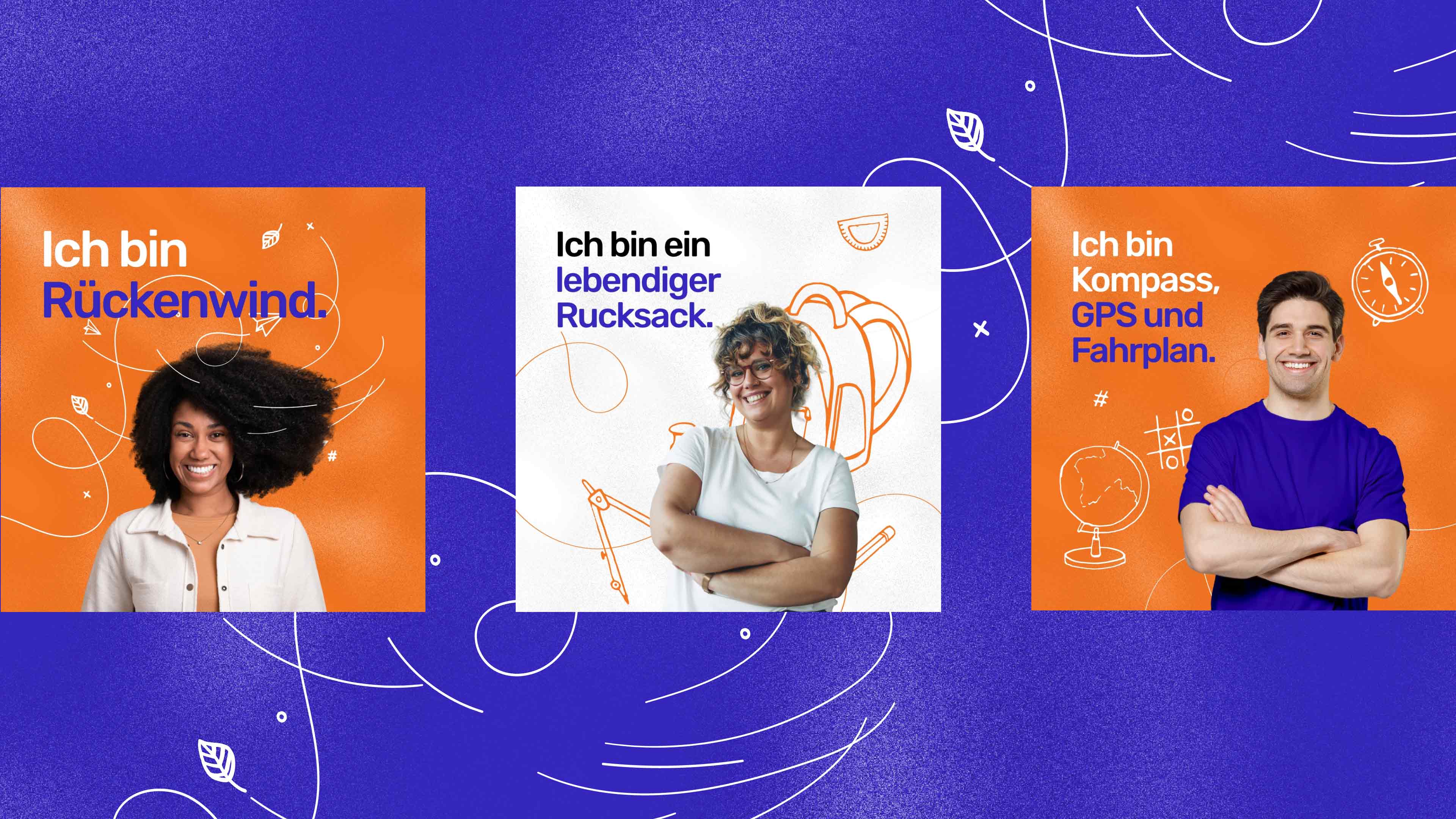 Drei Kampagnengrafiken mit Personen und Claims in den Key-Colors Blau, Weiß und Orange