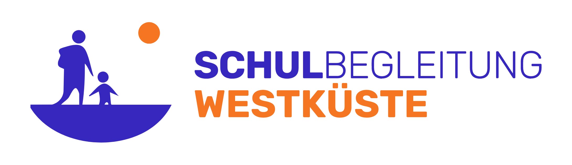 Logo mit Schriftzug Schulbegleitung Westküste und digitale Grafik eine große Person und eine kleine Person als Silhouette
