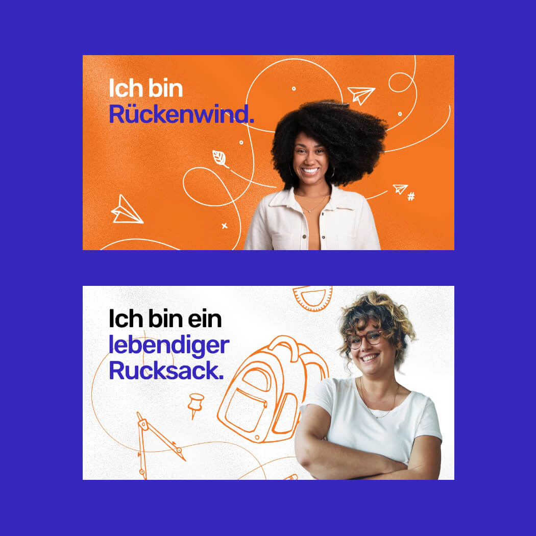 Zwei Kampagnengrafiken mit Personen und Claims in den Key-Colors Blau, Weiß und Orange
