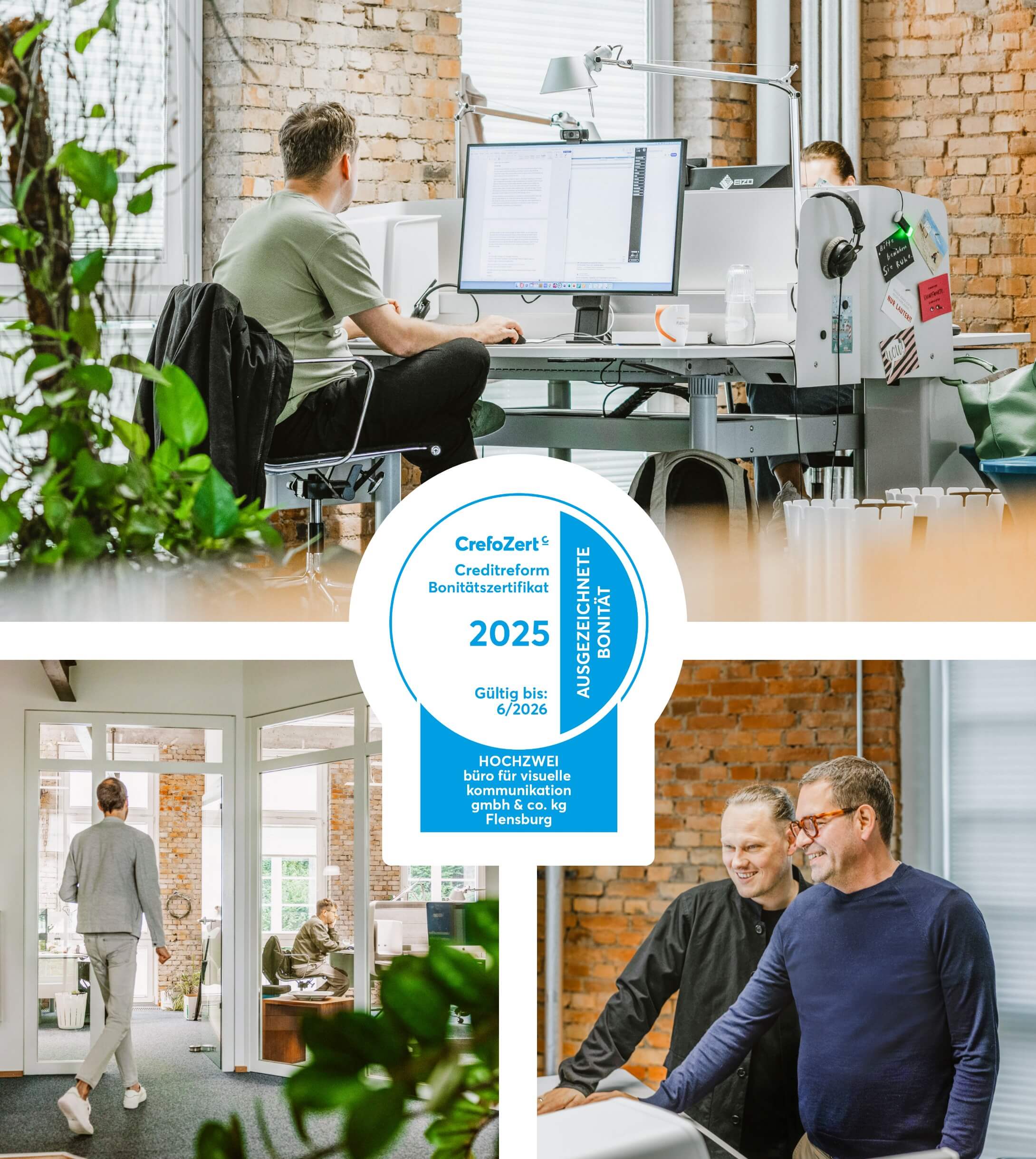 h2_crefozert_teaser_01.jpg Collage mit CrefoZert Logo in der Mitte. Ein Hochzwei Mitarbeiter arbeitet an seinem Schreibtisch am PC, ein Hochzwei Mitarbeiter geht durch eine Tür im Büro und Felix und der Herr von CrefoZert im Gespräch im Büro.