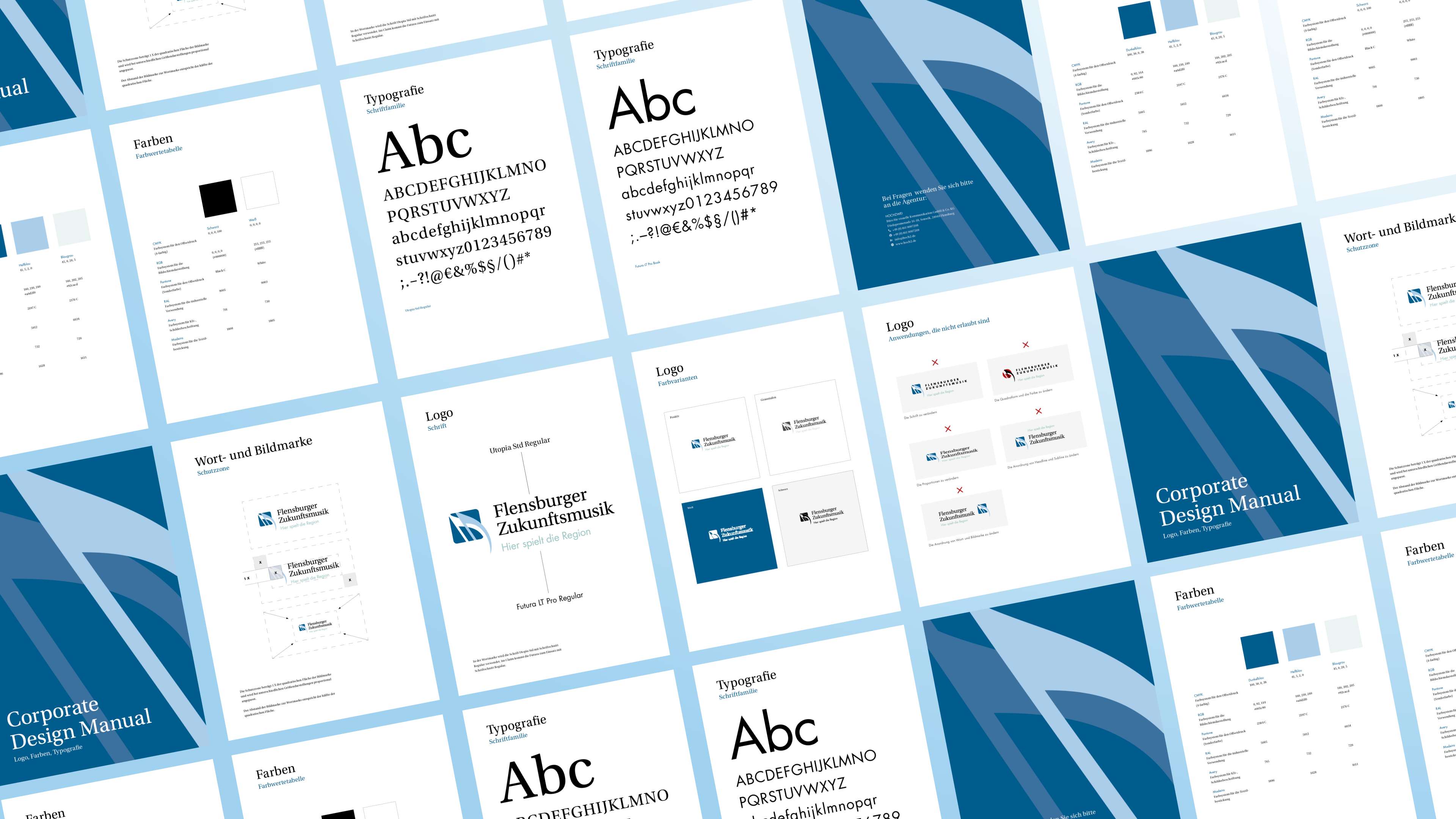 Sehr viele Designbeispiele mit dem Logo, den Farben weiß, hellblau und dunkelblau und der Schriftart