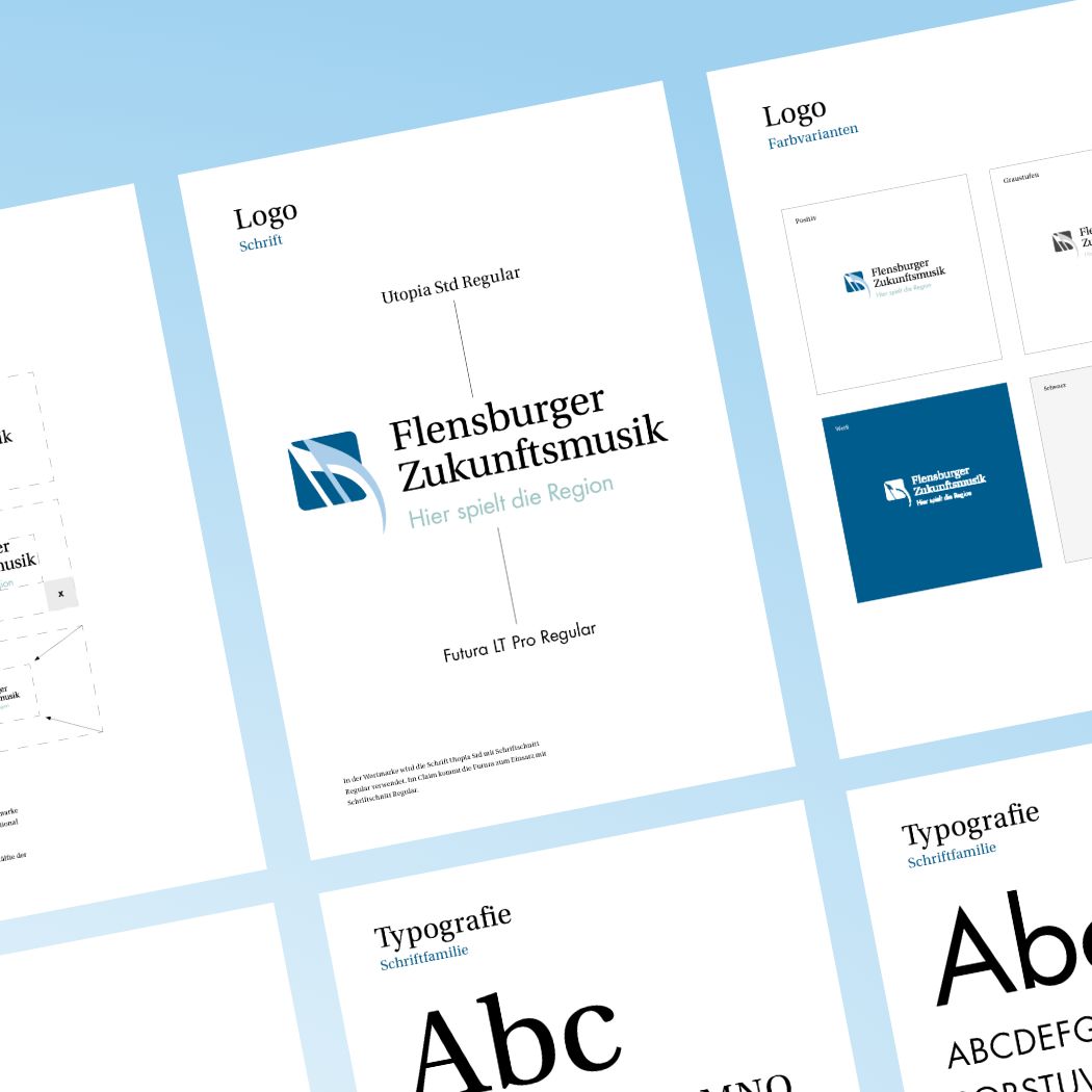 Designbeispiele mit dem Logo, den Farben weiß, hellblau und dunkelblau und der Schriftart