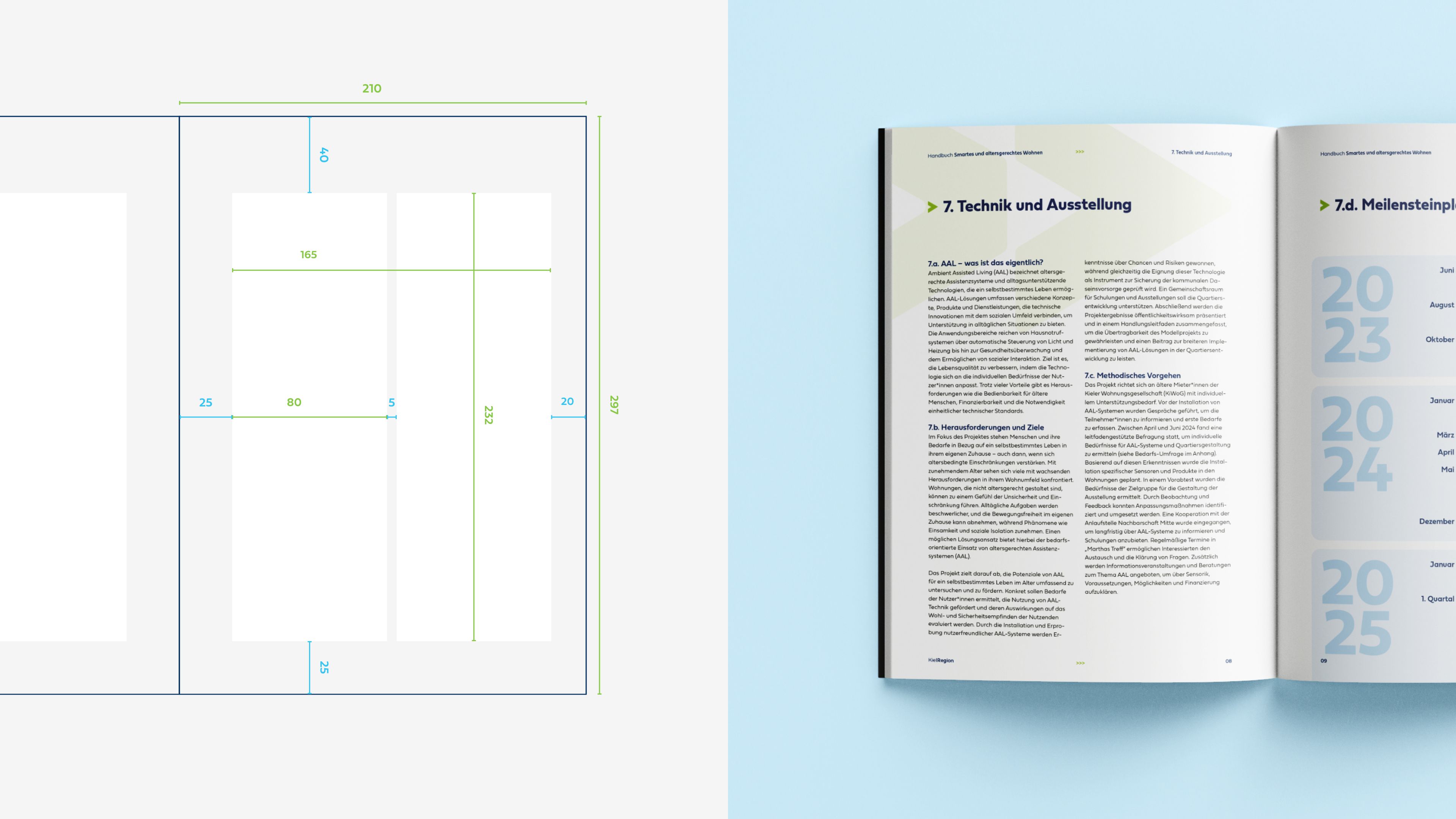 Ein aufgeschlagenes Handbuch mit dem Kapitel 7 Technik und Ausstellung