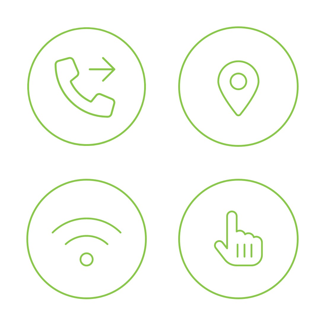 Vier runde Symbole in grün auf weiß. Ein Telefonhörer, eine Ortsmarkierung, ein W-LAN Symbol und ein zeigender Finger.
