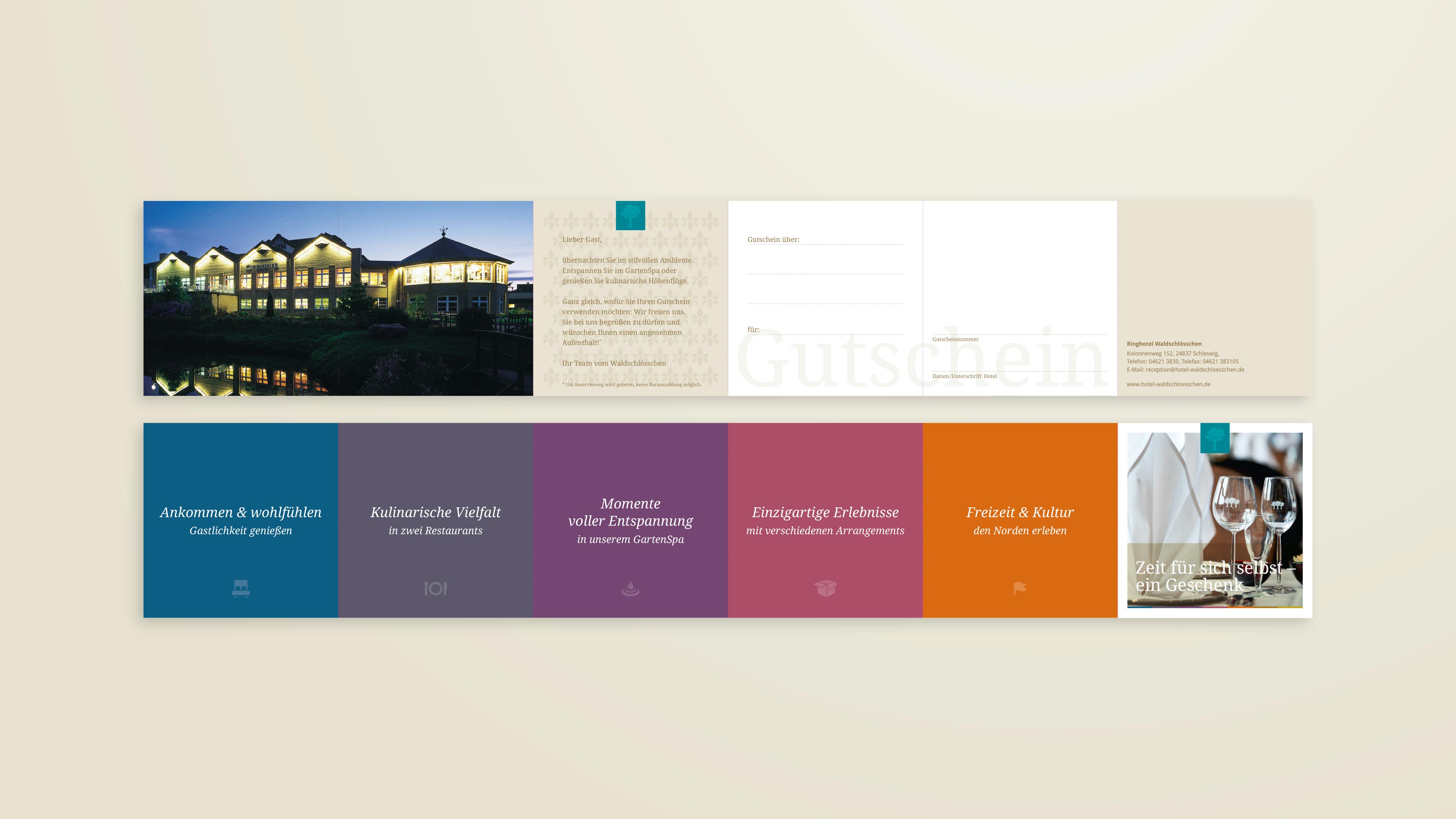 Fünf Farbblöcke mit weißer Schrift