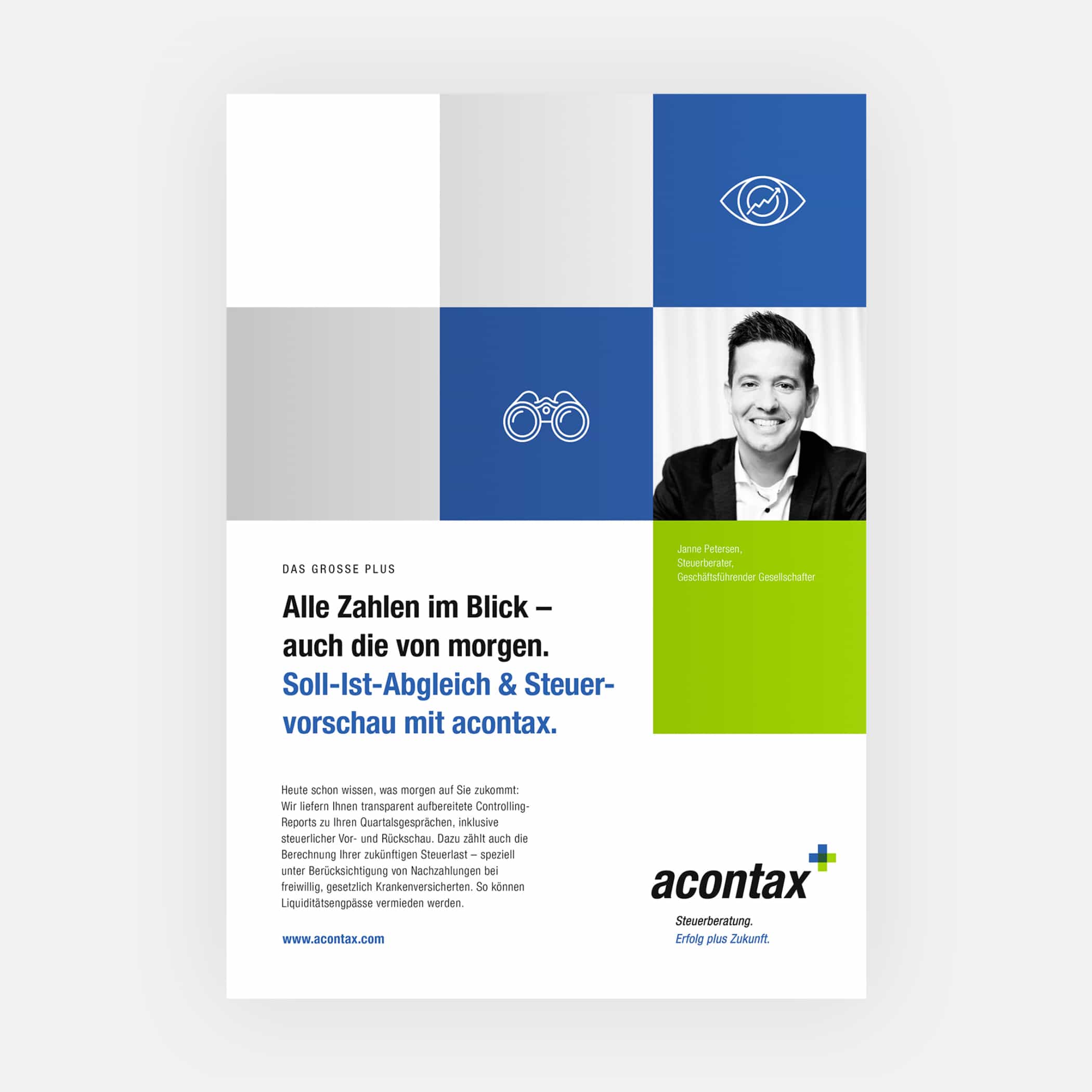 hochzwei_acontax_teaser_01.jpg Werbeanzeige für Steuervorschau mit Logo von acontax und grün-blauen Farbquadraten