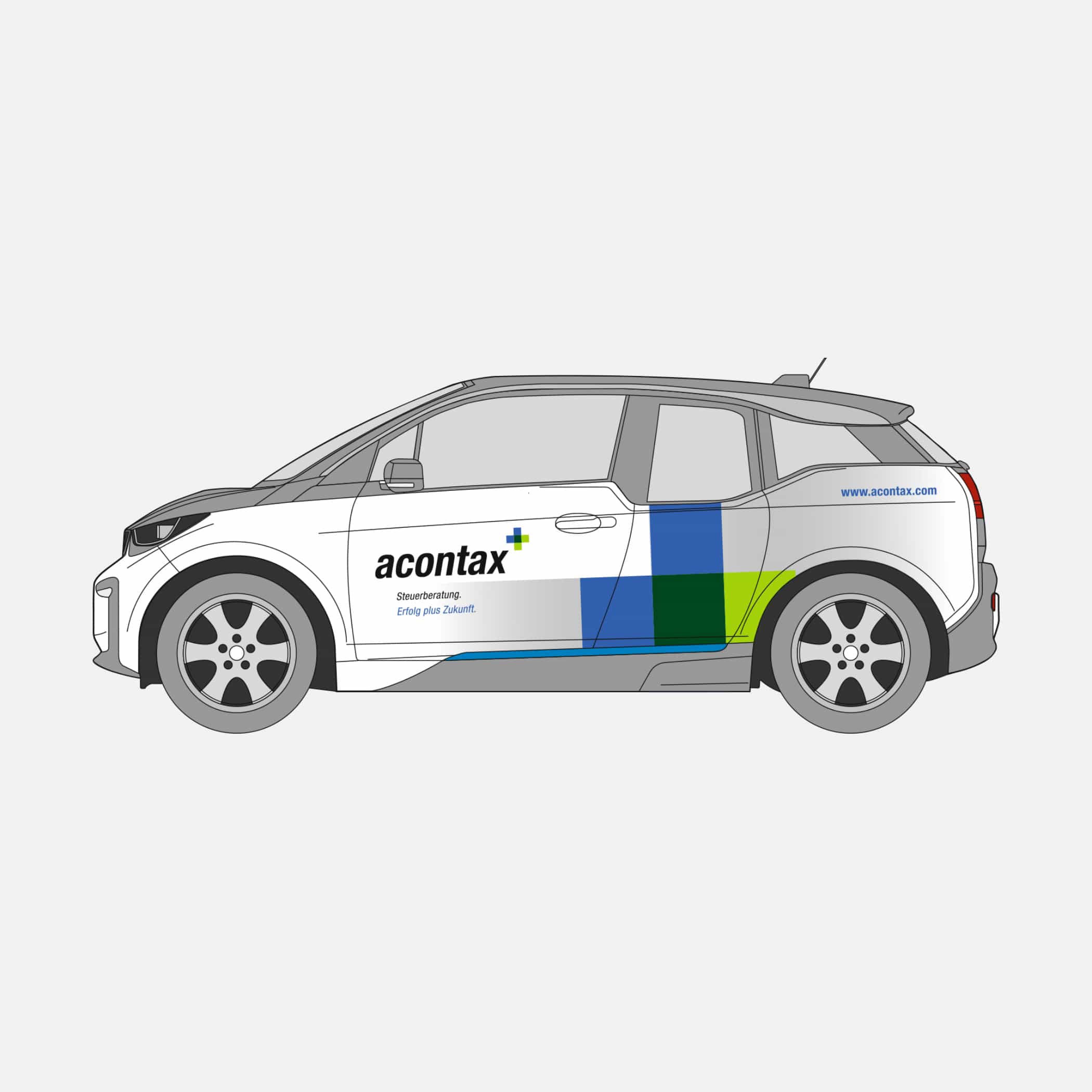 hochzwei_acontax_teaser_03.jpg Visualisierung eines mit Logo und Farben von acontax beklebten Autos