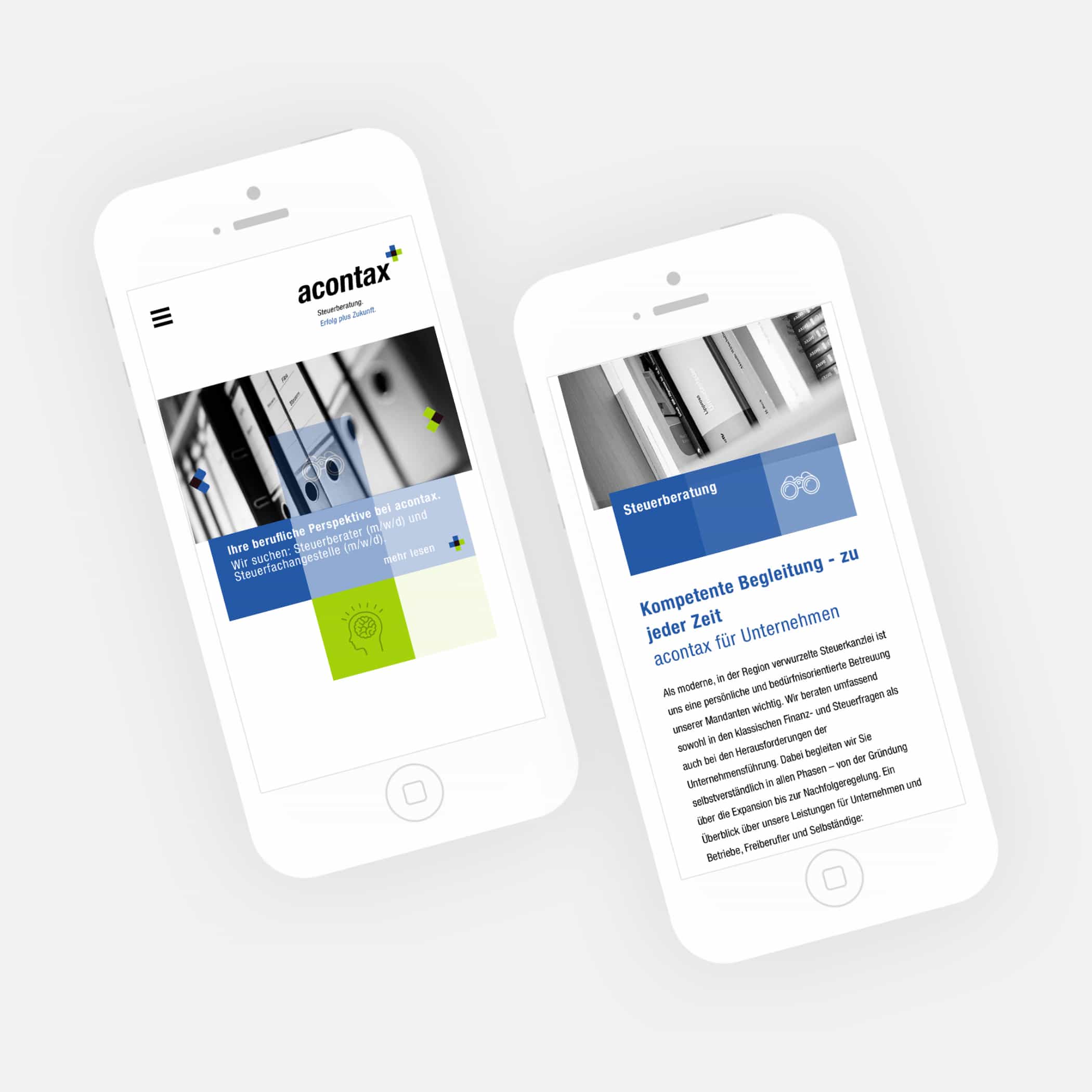 hochzwei_acontax_teaser_05.jpg Zwei Smartphones zeigen mobile Website von acontax