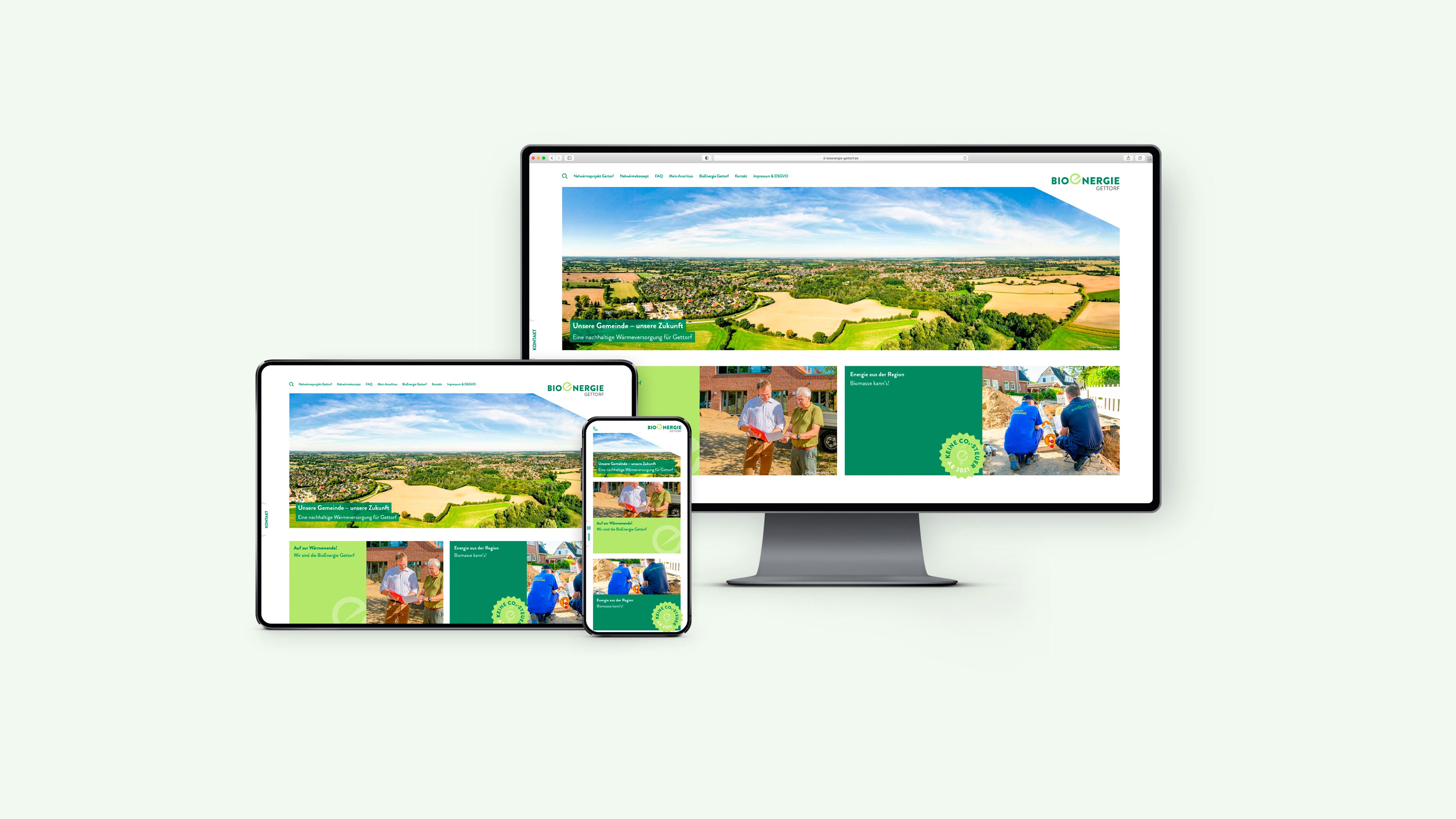 PC, Tablet und Smartphone zeigen Startseite der Bioenergie Gettorf