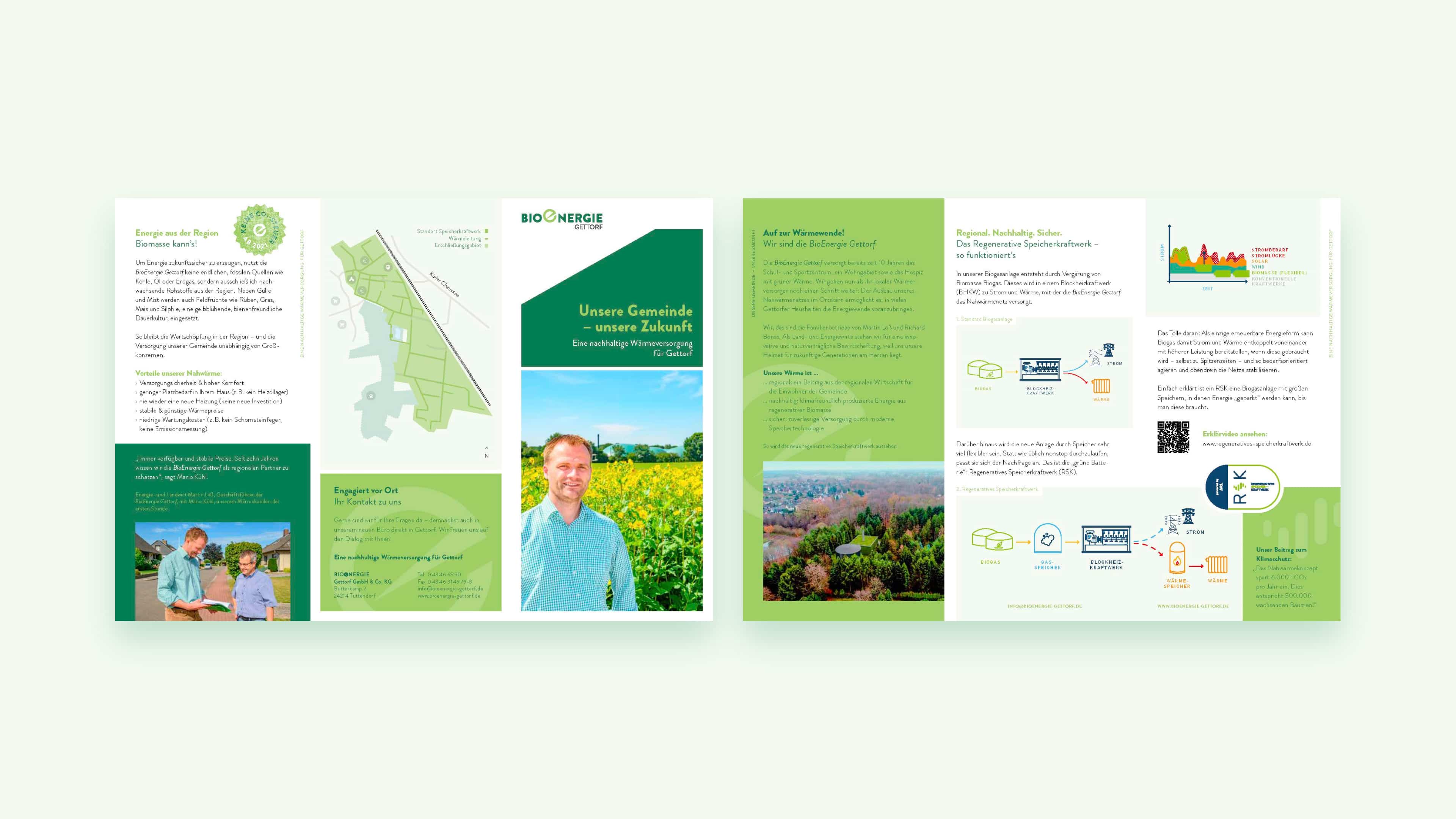 hochzwei_agrar_slider_03.jpg Zwei Seiten des Flyers für Bioenergie Gettorf mit hell- und dunkelgrünen Elementen, Text und Bildern
