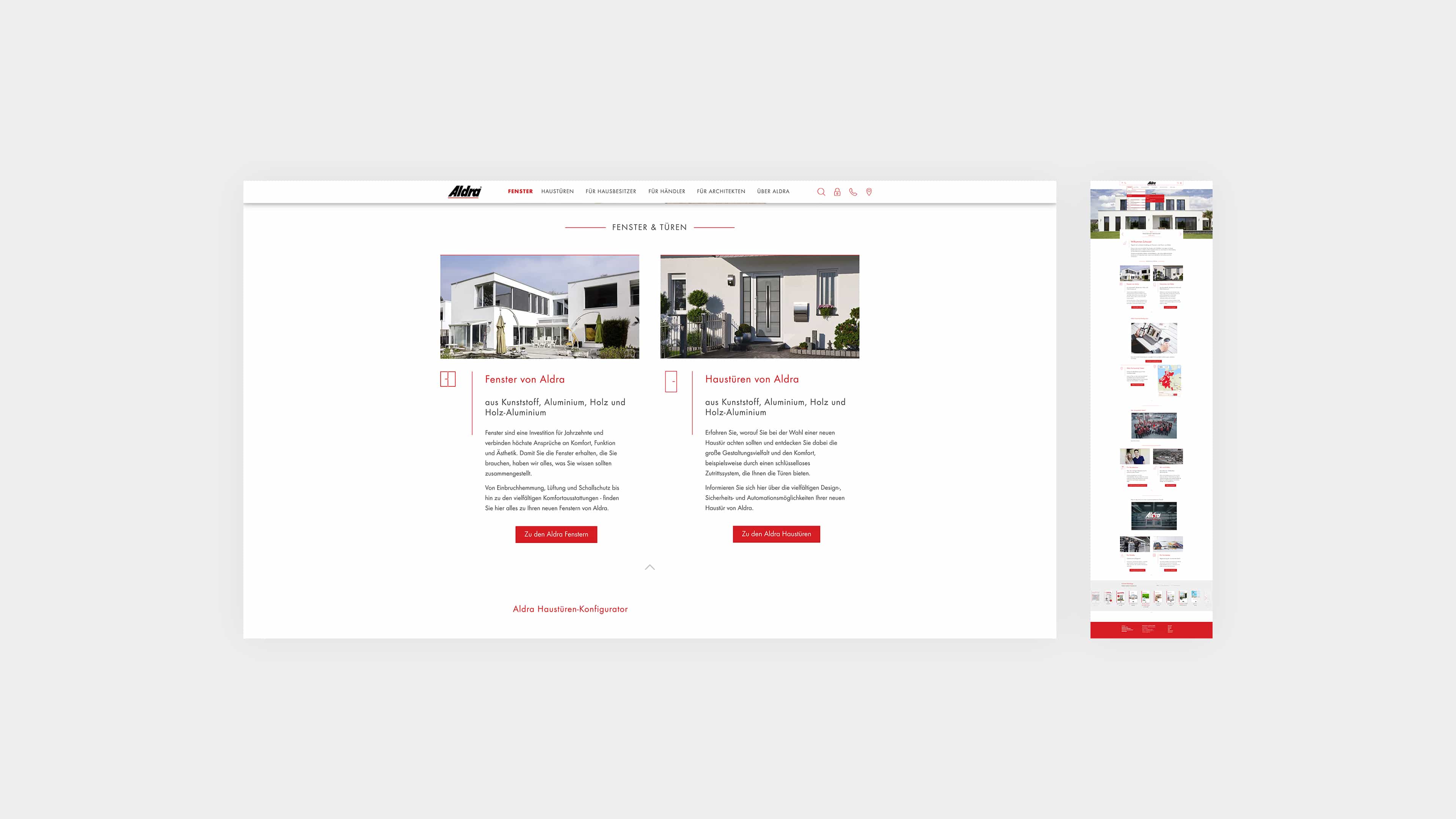 Screenshot der Seite aldra.de über Fenster und Haustüren zeigt zwei Fotos und kurze Texte