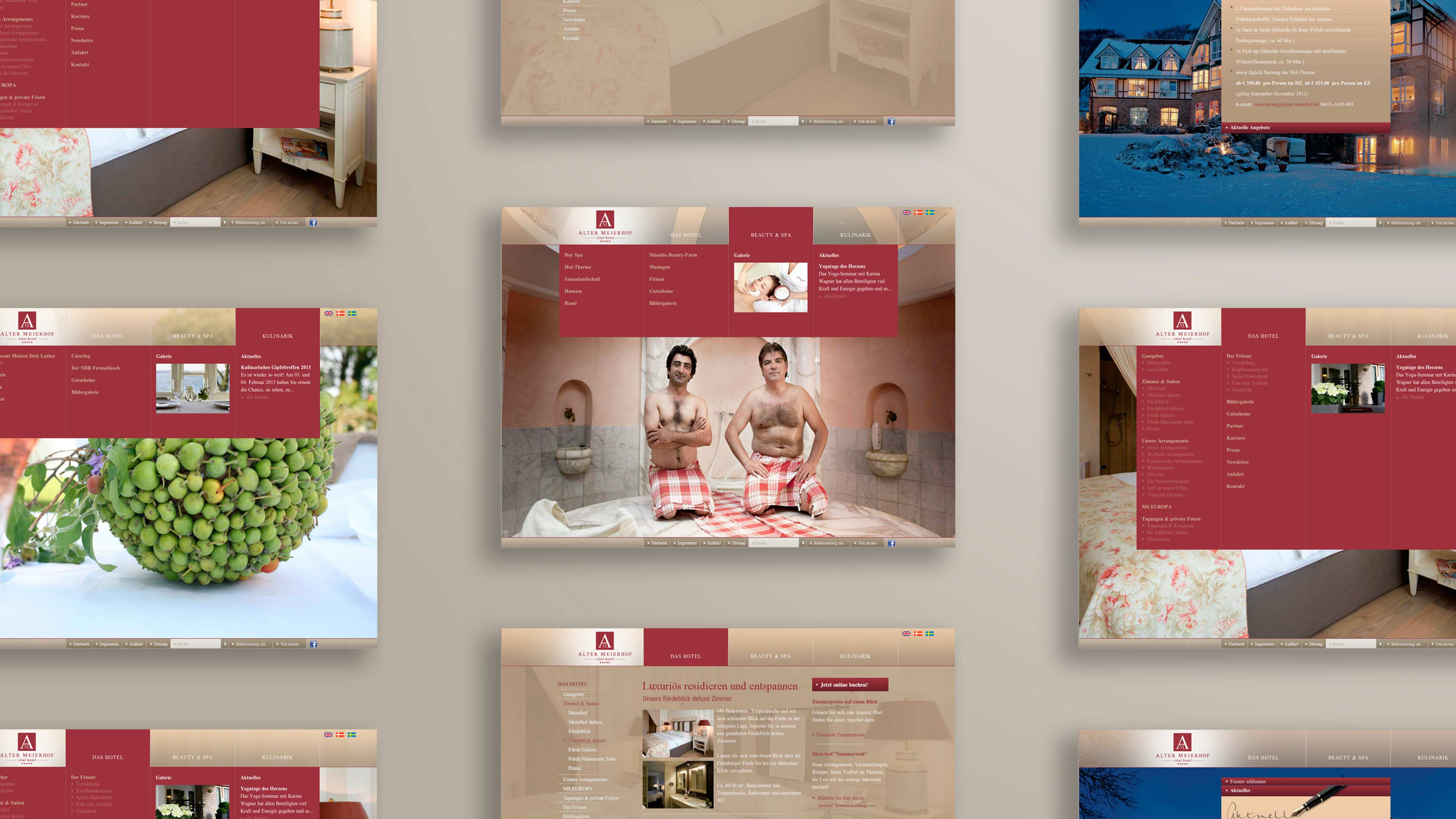 Mehrere Screenshots der Website des Alten Meierhof mit weinrotem Farbschema und Fotos