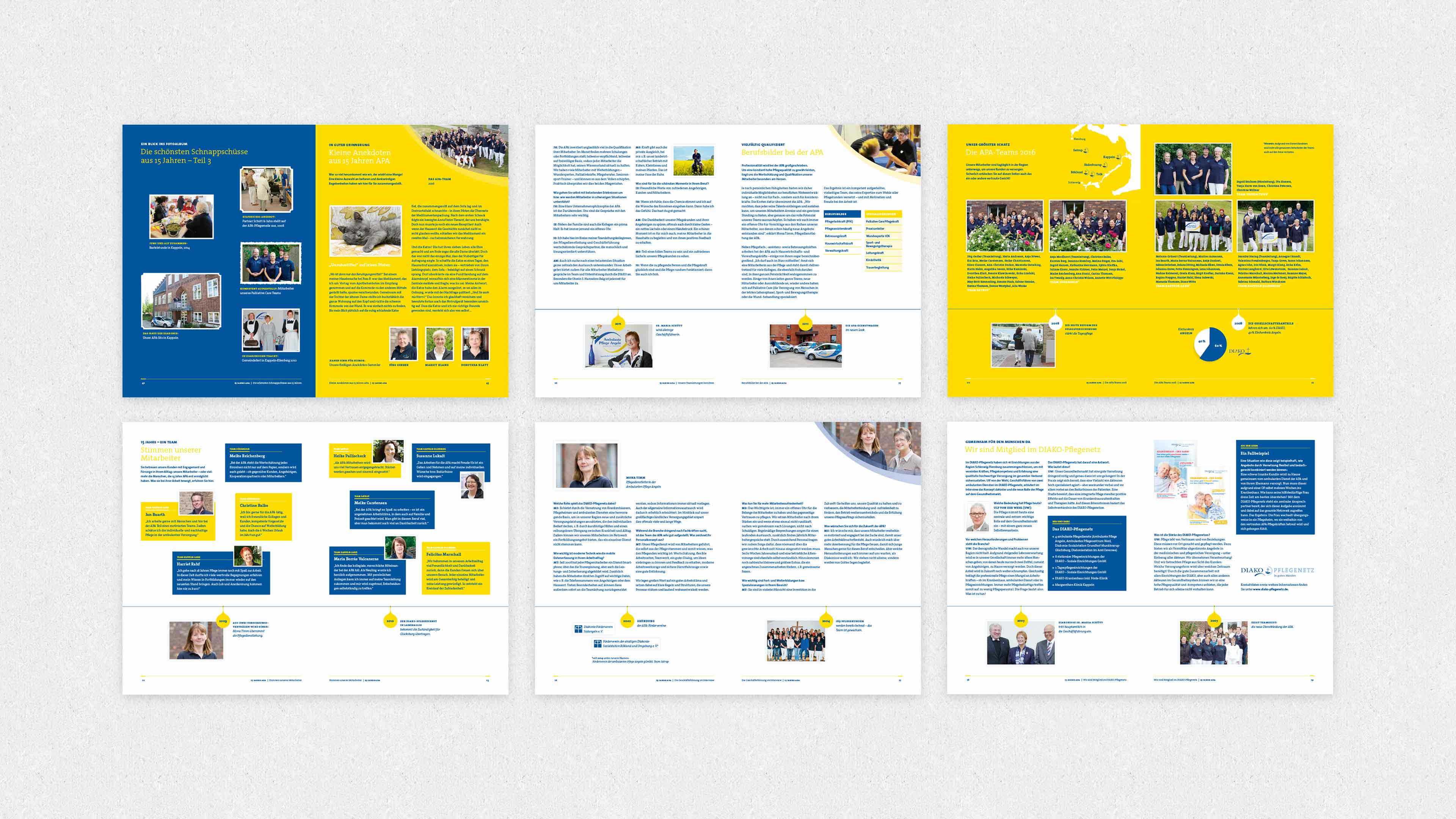 hochzwei_dpfl_slider_02.jpg Sechs Doppelseiten in der blau-gelb gehaltenen Jubiläumsbroschüre für die Ambulanten Pflege Angeln