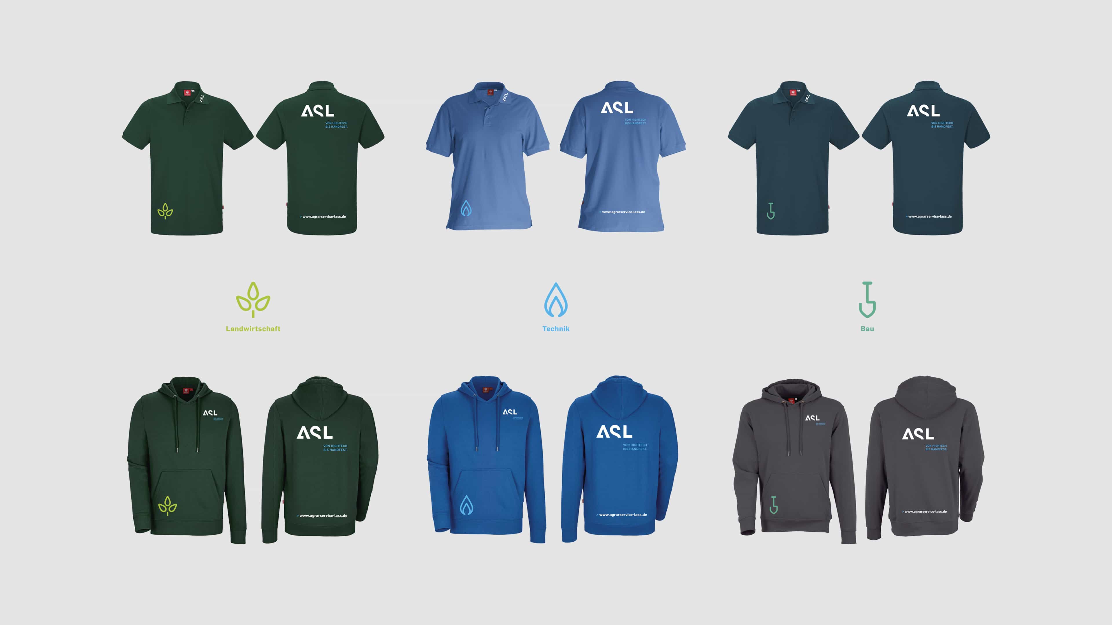 hochzwei_asl_slider_02.jpg Collage von grünen und blauen Poloshirts und Hoodies mit ASL-Logo