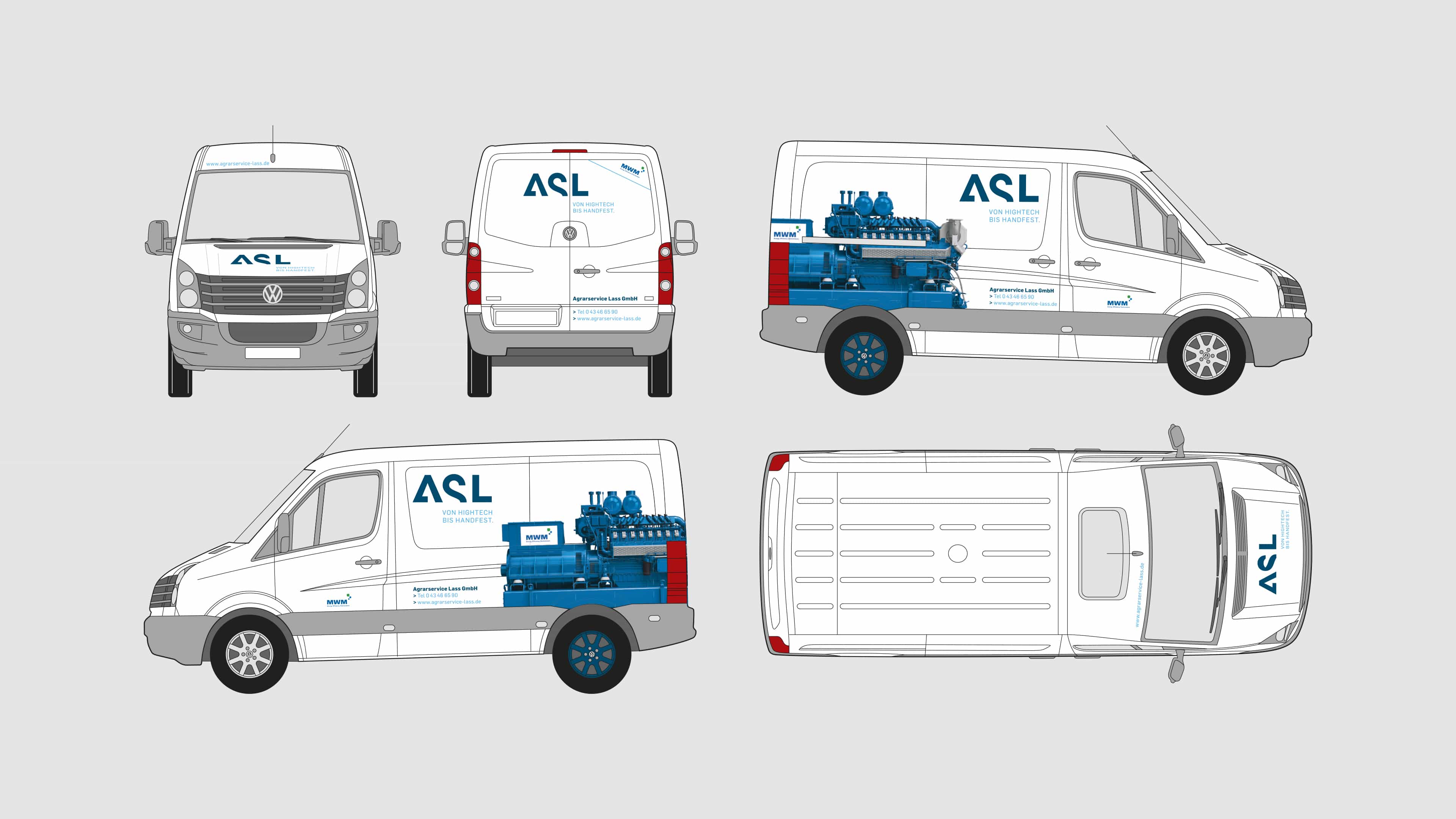 hochzwei_asl_slider_03.jpg Alle Ansichten des weißen Transporters mit ASL-Logo und einem blauen MWM-Motor in Lebensgröße auf den Seitenflächen