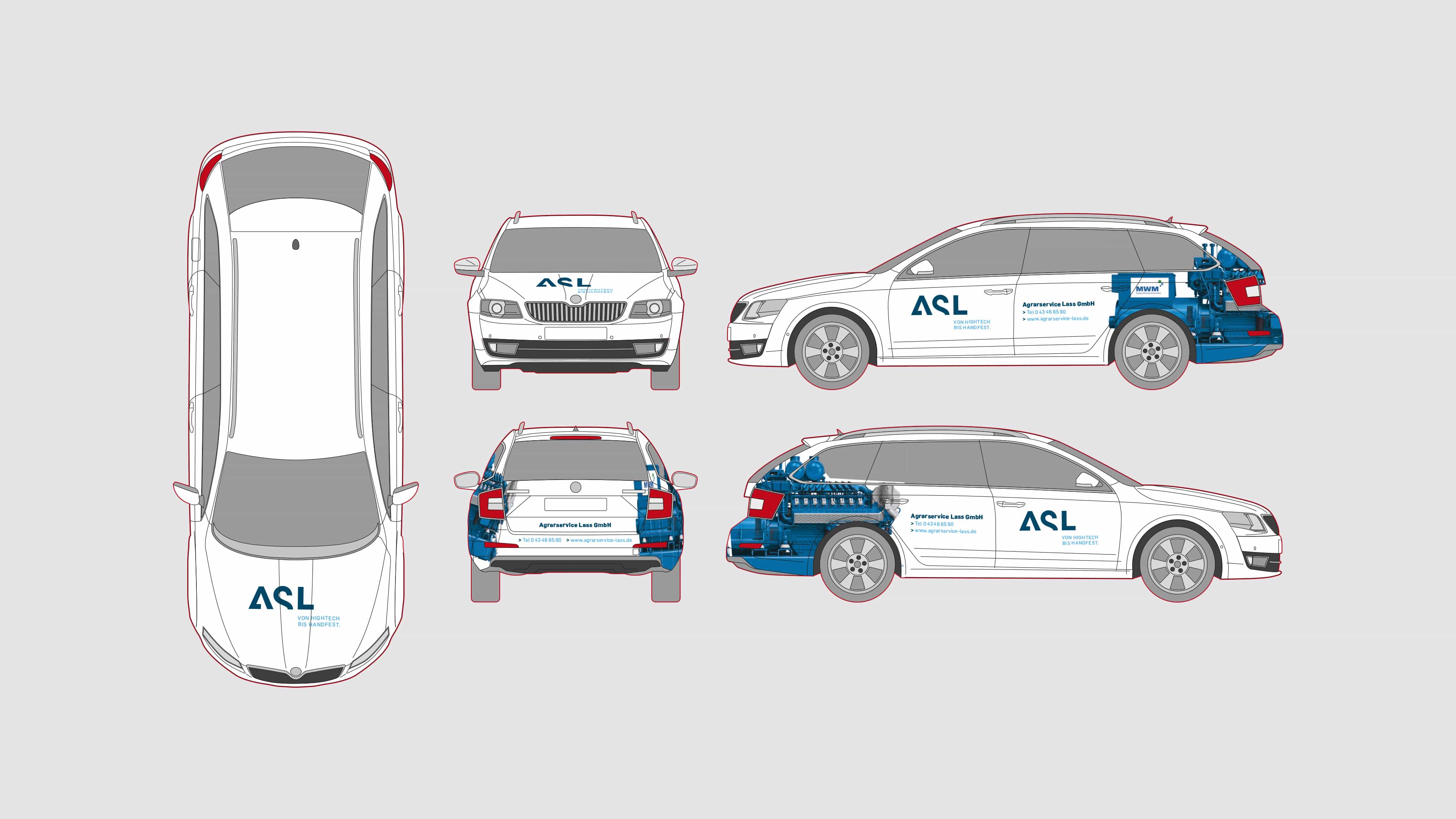 hochzwei_asl_slider_04.jpg Visualisierung eines PKW mit blauer ASL-Firmenbeschriftung von allen Ansichten