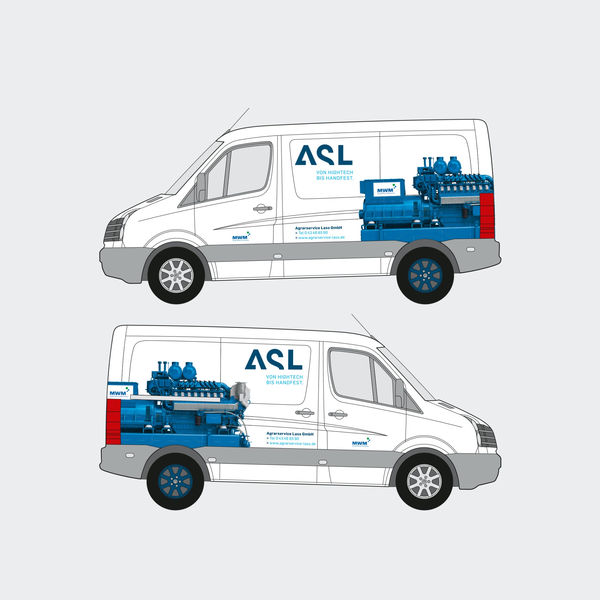 hochzwei_asl_teaser_01.jpg Visualisierung des weißen Transporters mit ASL-Logo und einem blauen MWM-Motor in Lebensgröße auf den Seitenflächen