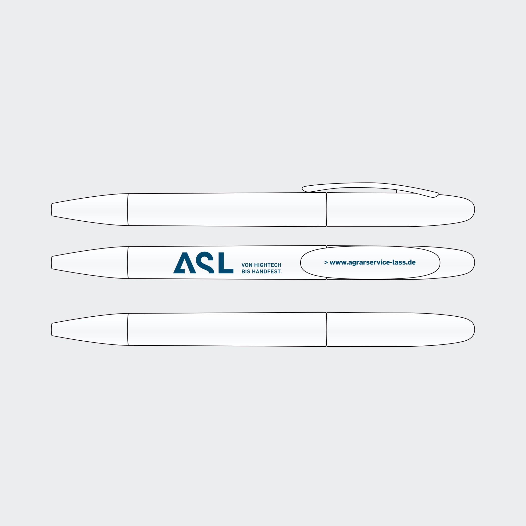 hochzwei_asl_teaser_05.jpg Visualisierung des blauen ASL-Logoaufdrucks auf einen weißen Kugelschreiber