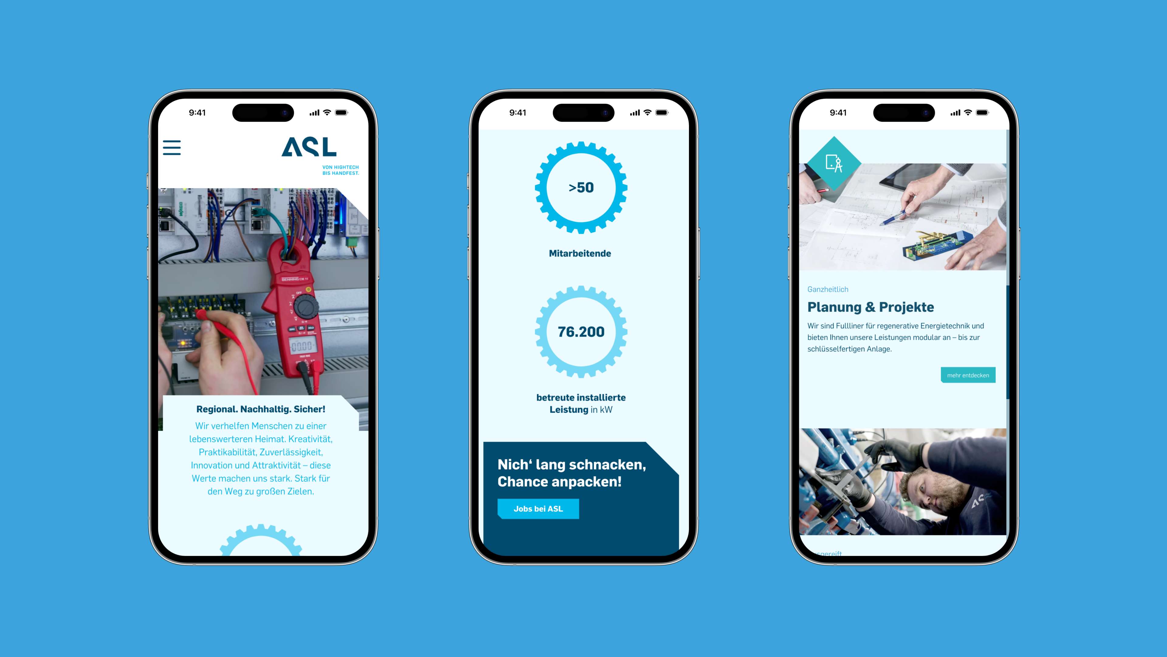 Drei Smartphones mit der ASL Website