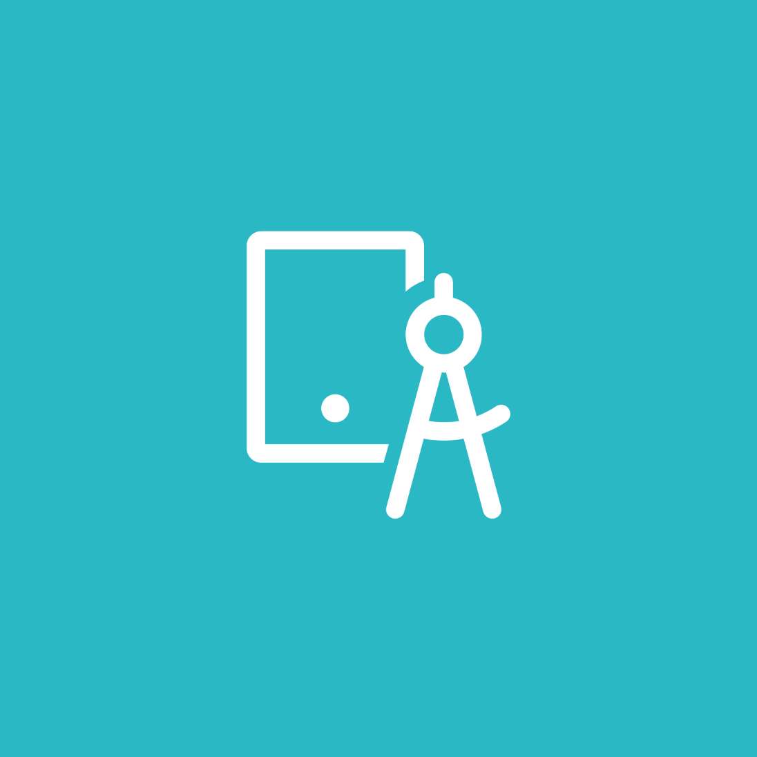 Eine Grafik eines Klemmbrettes und eines Zirkels weiß auf türkisem Hintergrund