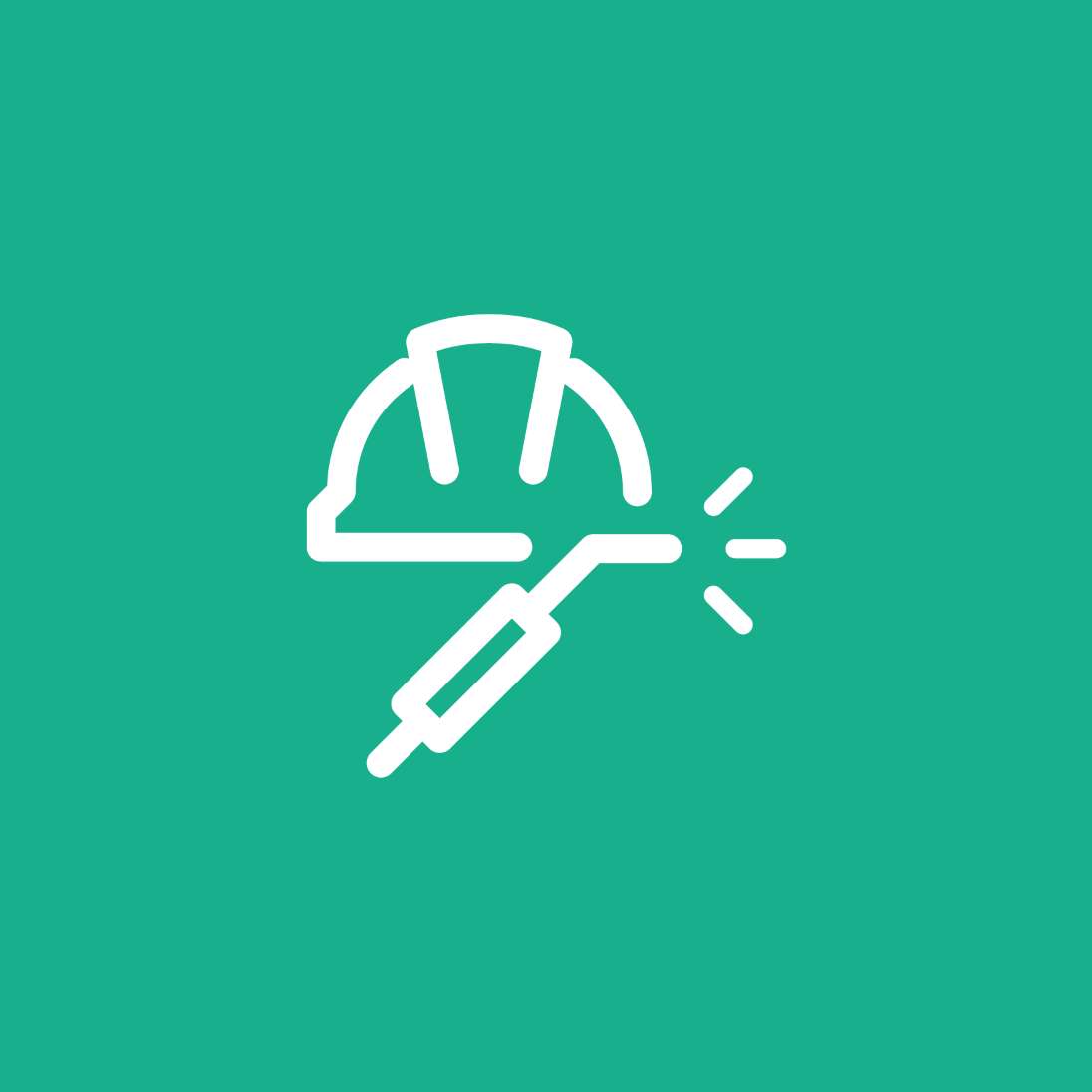 Grafik von Helm und Lötkolben auf grünem Hintergrund