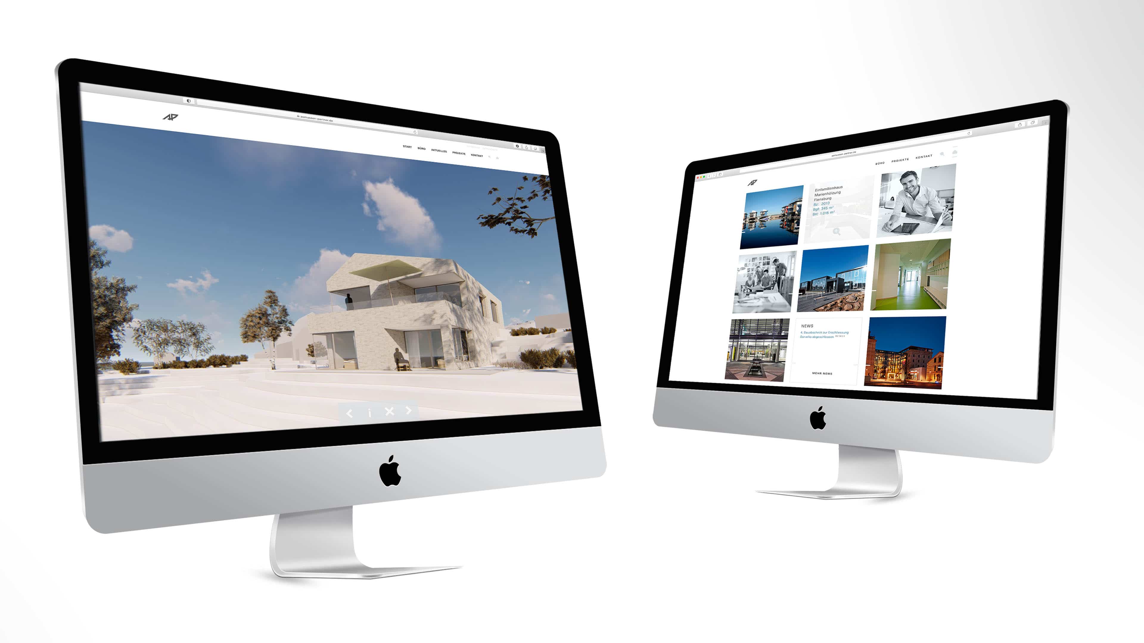 hochzwei_aspa_slider_01.jpg Zwei iMacs zeigen Website von asmussen-partner.de mit vielen Fotos von Bauten
