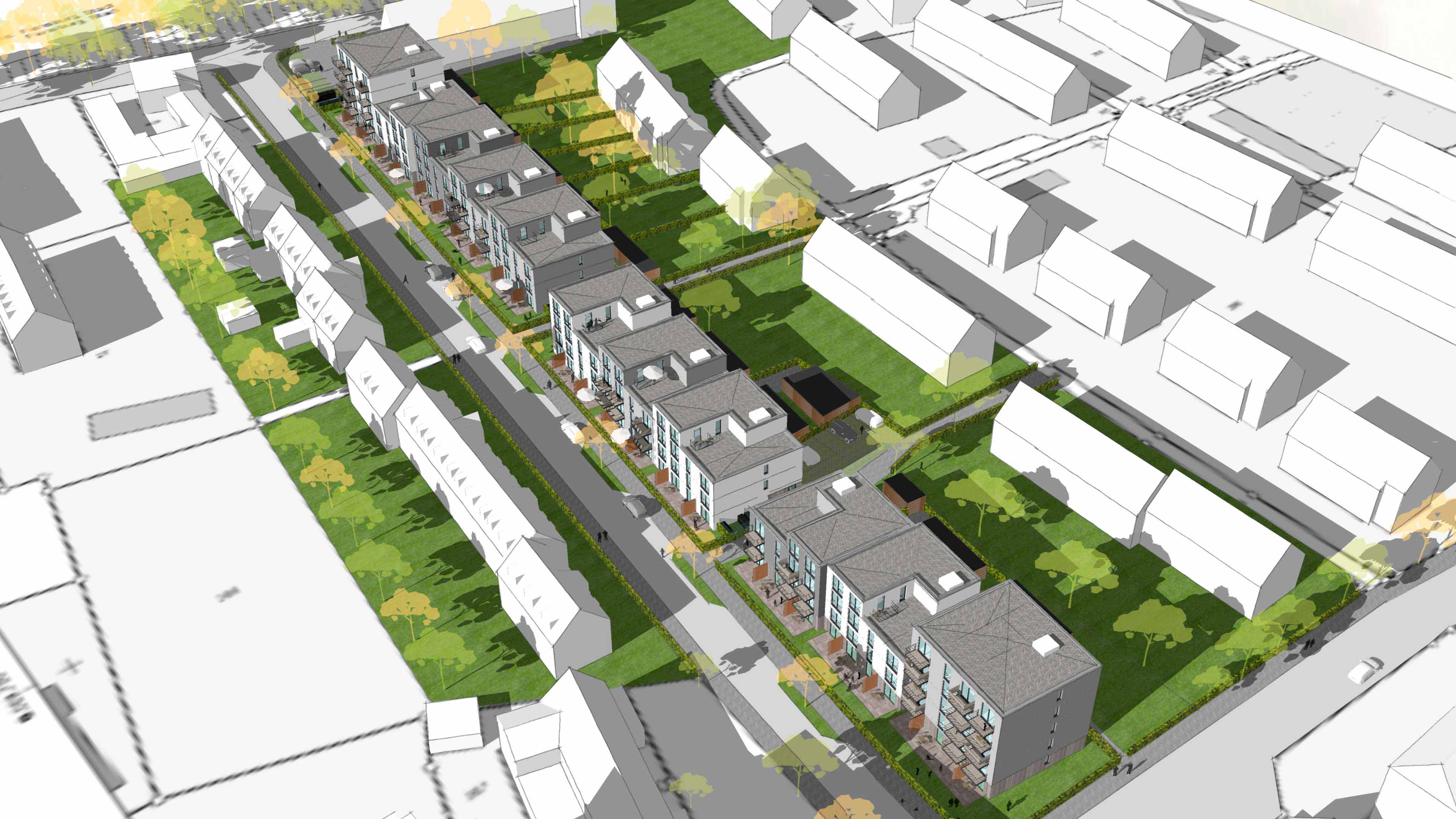 Architektonische Skizze einer modernen Wohnanlage in einer Straße in einer Stadt von oben